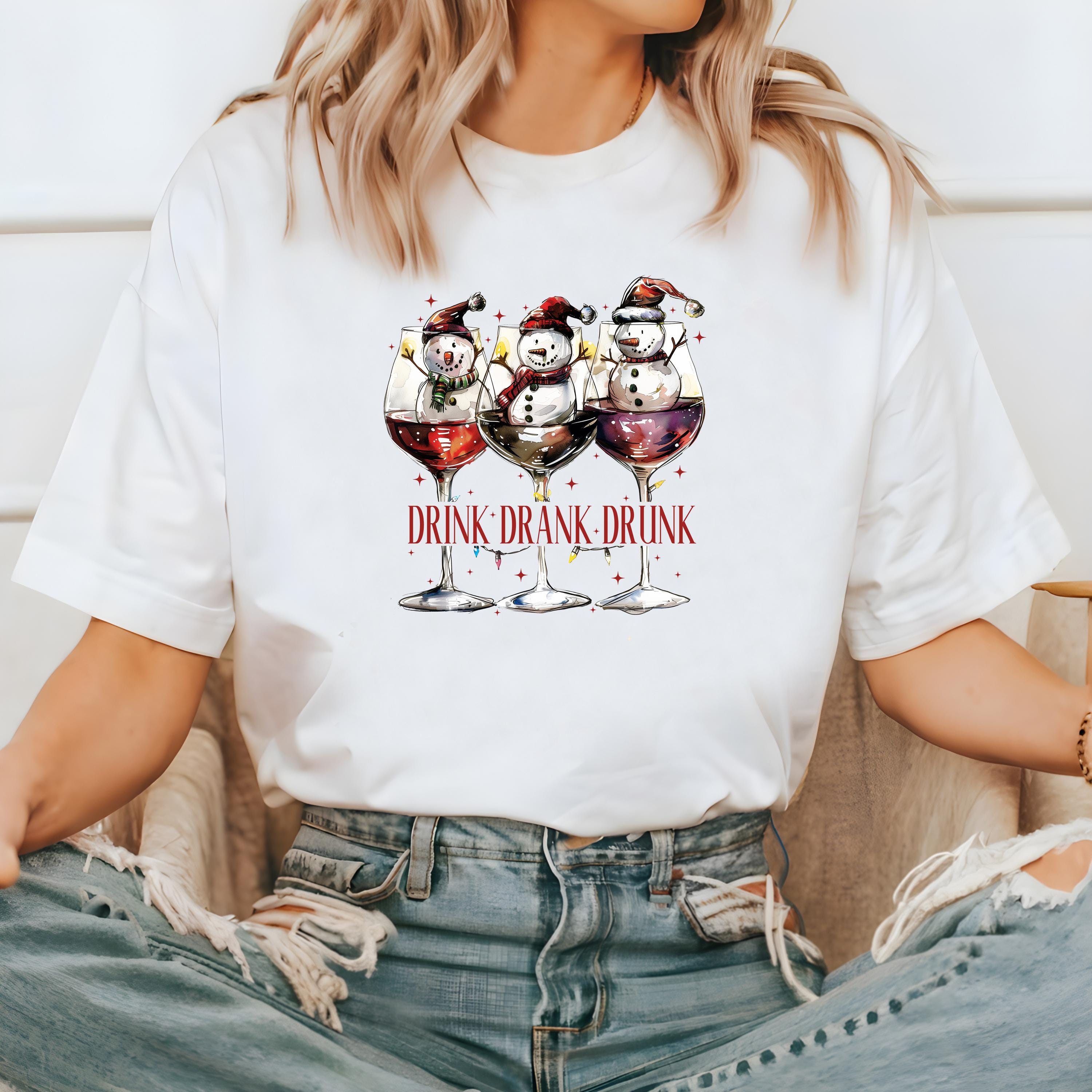 Drink Drank Drunk Christmas Comfort Colors Shirt, Retro Merry Christmas TShirt, Holiday Shirt, Snowman Shirt, Cozy Holiday Tee, Wine Design