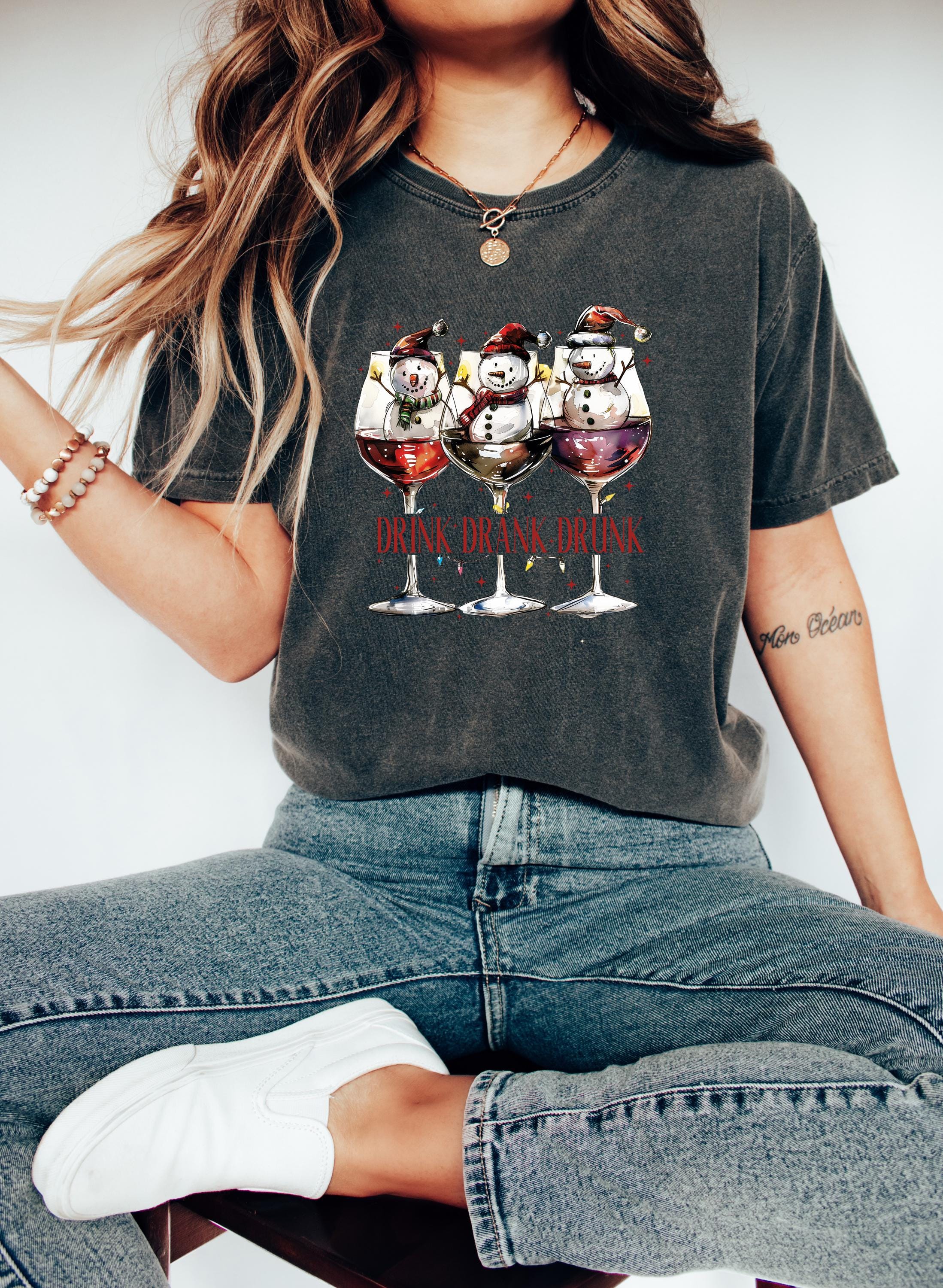 Drink Drank Drunk Christmas Comfort Colors Shirt, Retro Merry Christmas TShirt, Holiday Shirt, Snowman Shirt, Cozy Holiday Tee, Wine Design