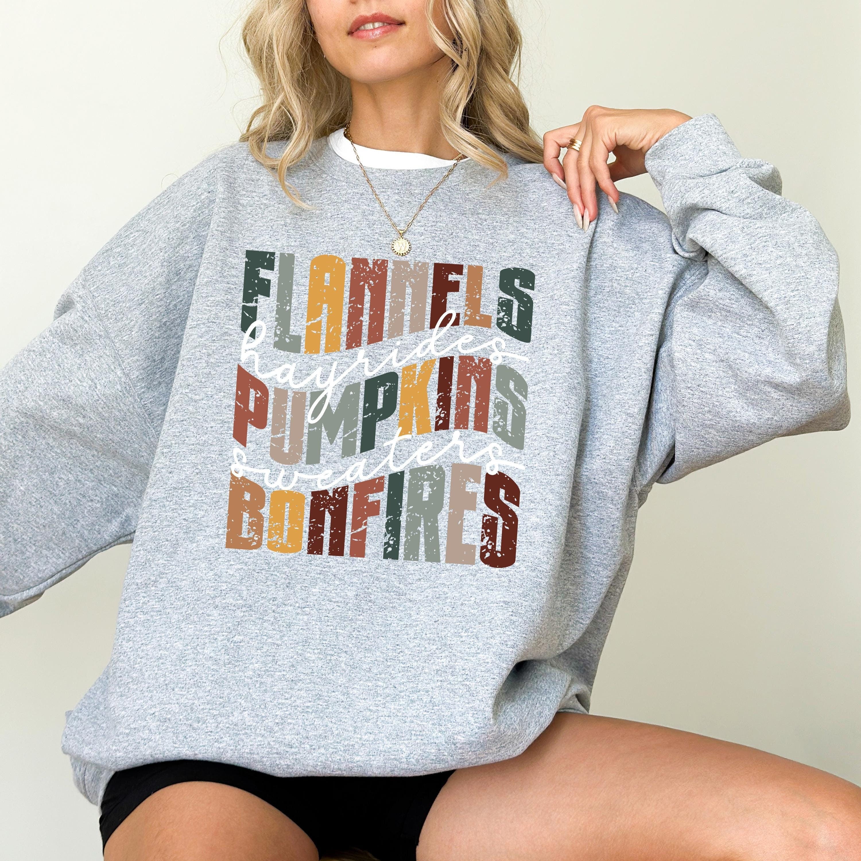 Flannels Hayrides Pumpkins Sweaters Bonfires Sweatshirt, Retro Thanksgiving Shirt, Cozy Sweater, Fall Shirt Cute Fall Fleece Autumn Crewneck