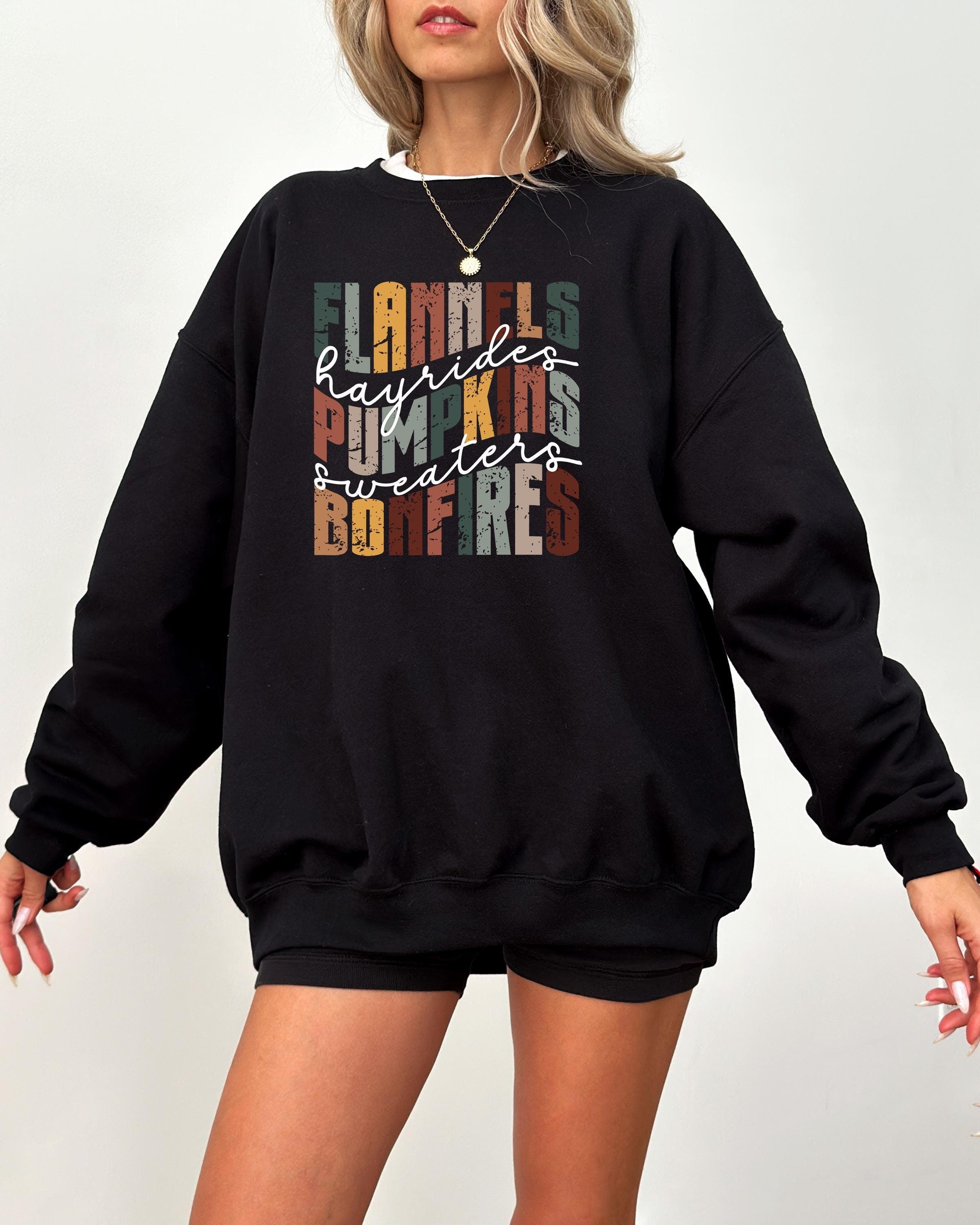 Flannels Hayrides Pumpkins Sweaters Bonfires Sweatshirt, Retro Thanksgiving Shirt, Cozy Sweater, Fall Shirt Cute Fall Fleece Autumn Crewneck