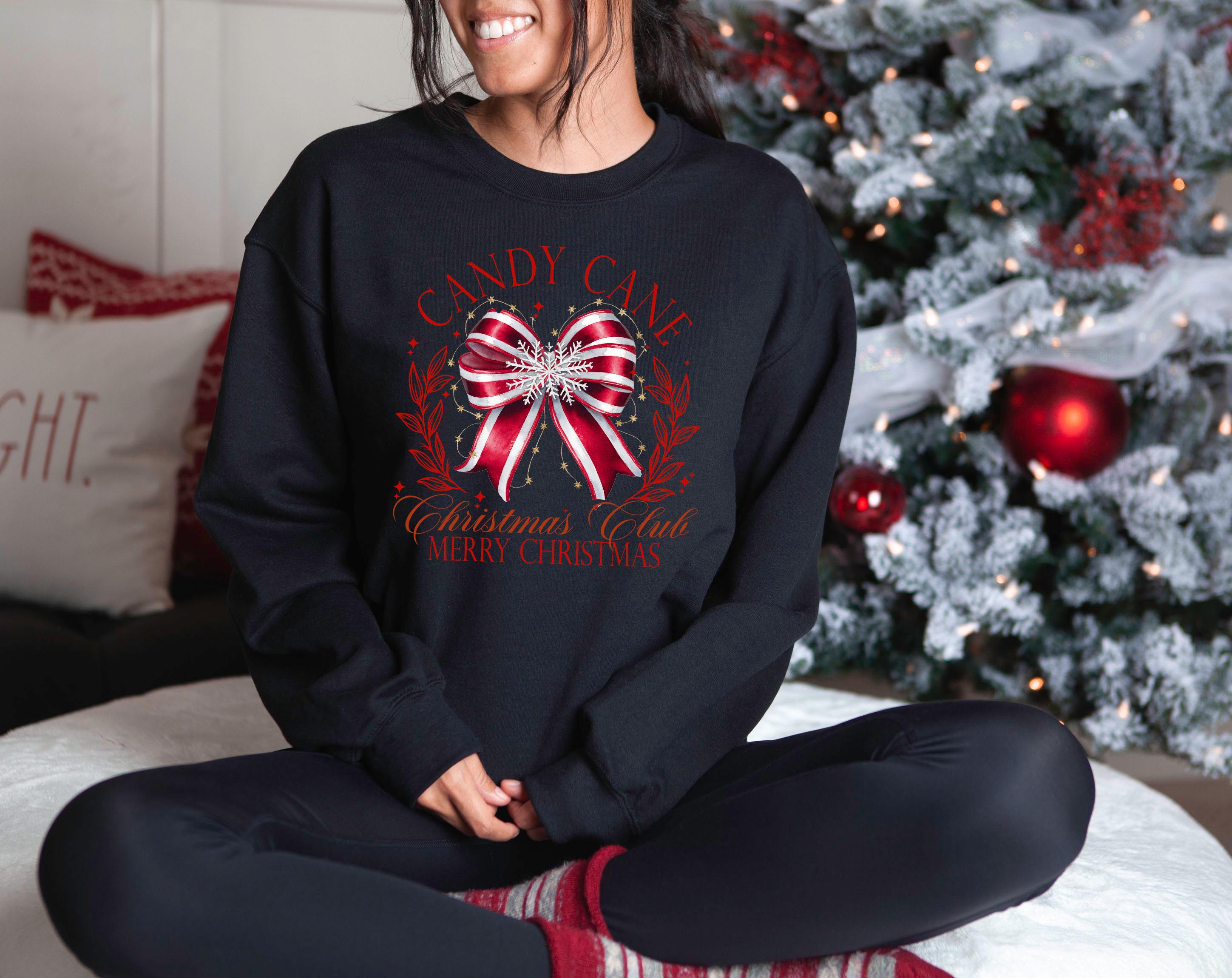 Retro Candy Cane Christmas Club Sweater, Christmas Bow Crewneck, Winter Sweatshirt, Cute Holiday Crew, Christmas shirt, Christmas Design Tee