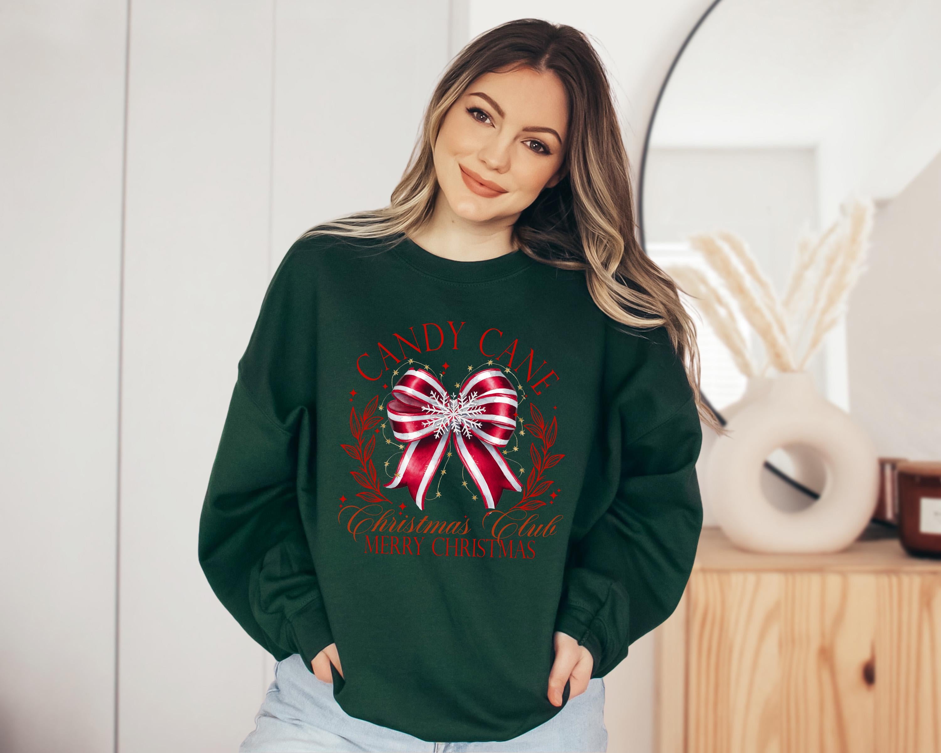 Retro Candy Cane Christmas Club Sweater, Christmas Bow Crewneck, Winter Sweatshirt, Cute Holiday Crew, Christmas shirt, Christmas Design Tee