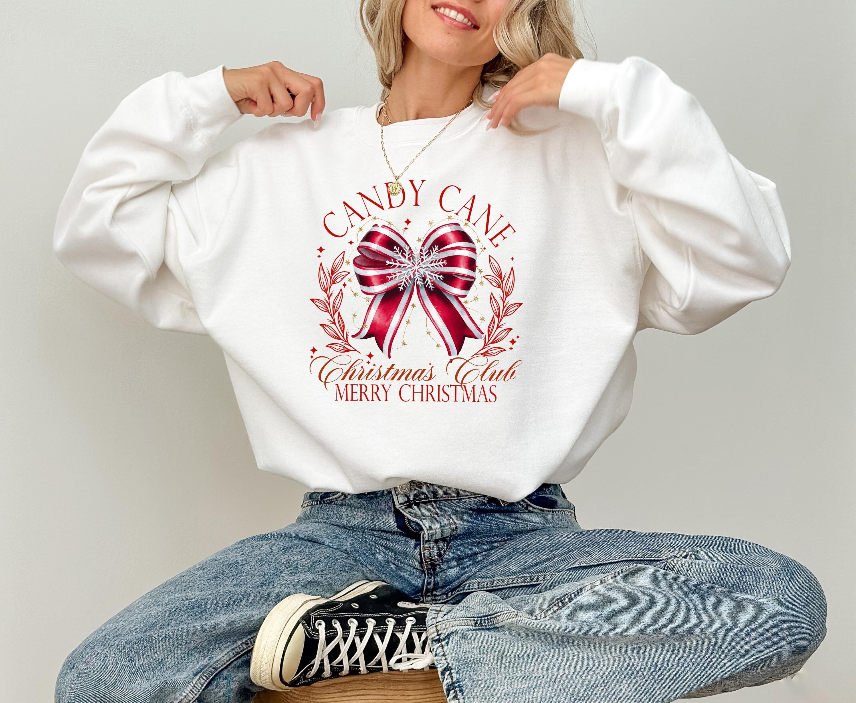 Retro Candy Cane Christmas Club Sweater, Christmas Bow Crewneck, Winter Sweatshirt, Cute Holiday Crew, Christmas shirt, Christmas Design Tee