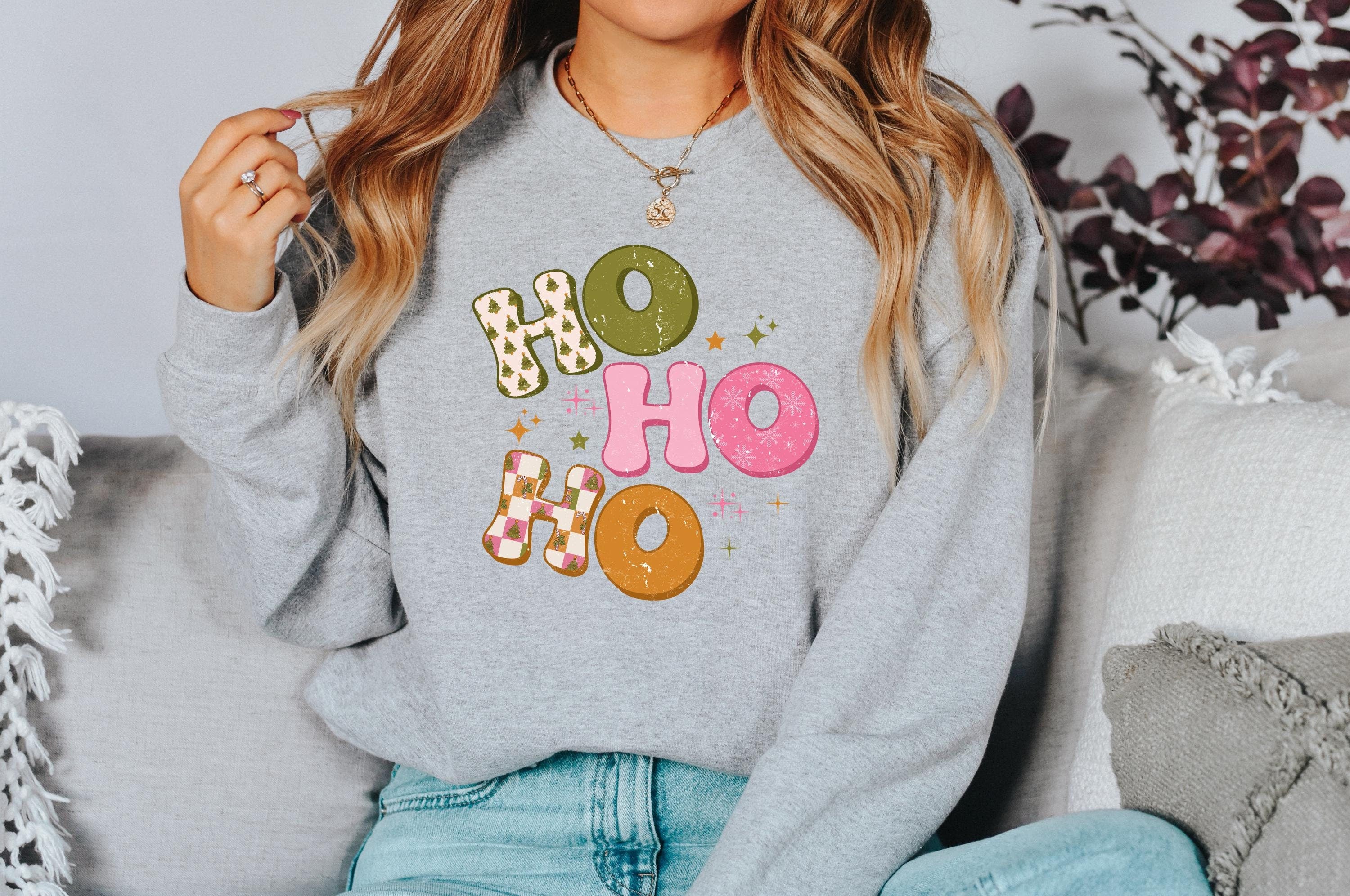 Retro Ho Ho Ho Christmas Sweater, Grunge Christmas Crewneck, Winter Sweatshirt, Cute Holiday Crew, Christmas TShirt, Xmas Design Holiday T