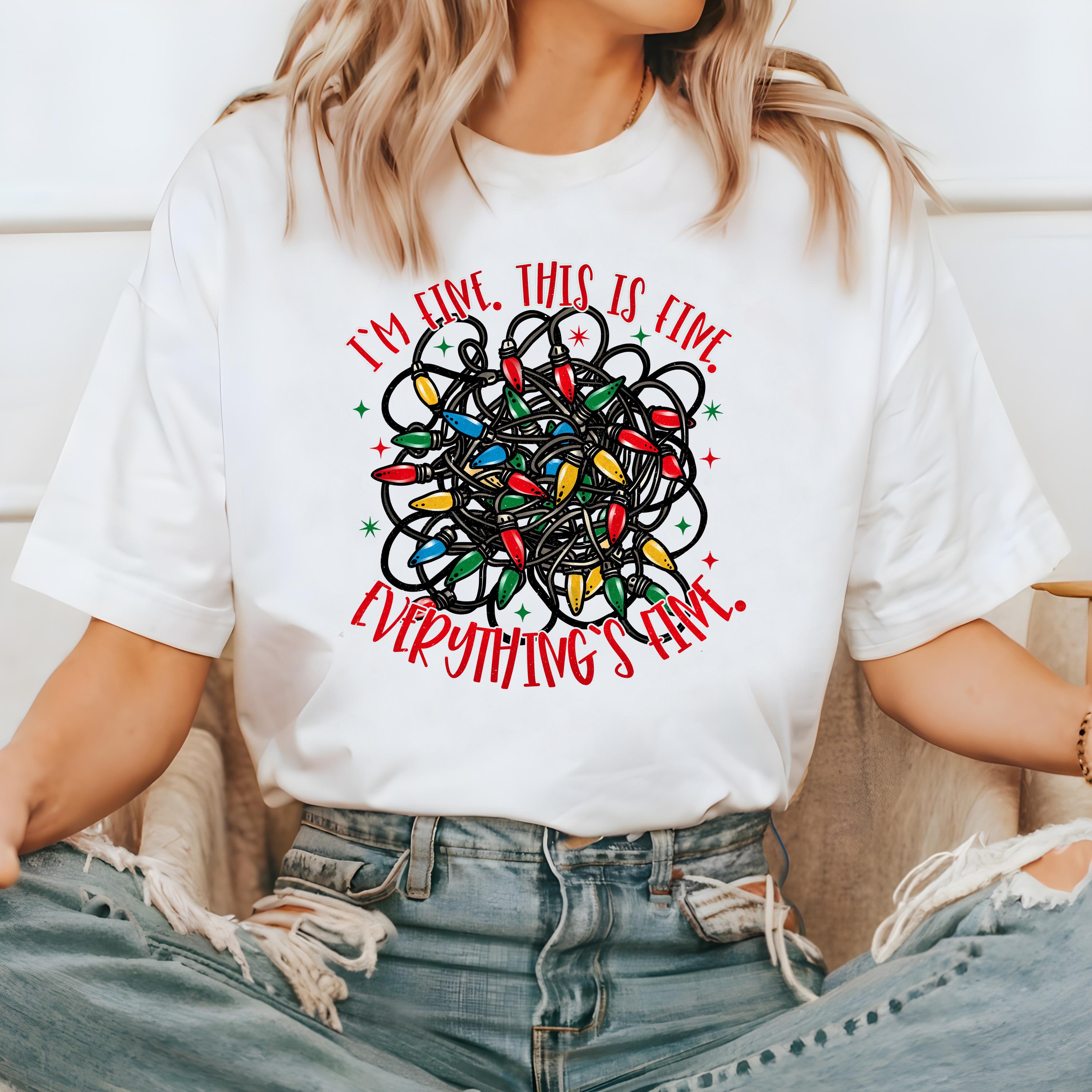 Funny I'm Fine Everything Is Fine Comfort Colors Shirt, Vintage Christmas TShirt, Holiday Shirt, Cozy Holiday Tee, Christmas Lights Design