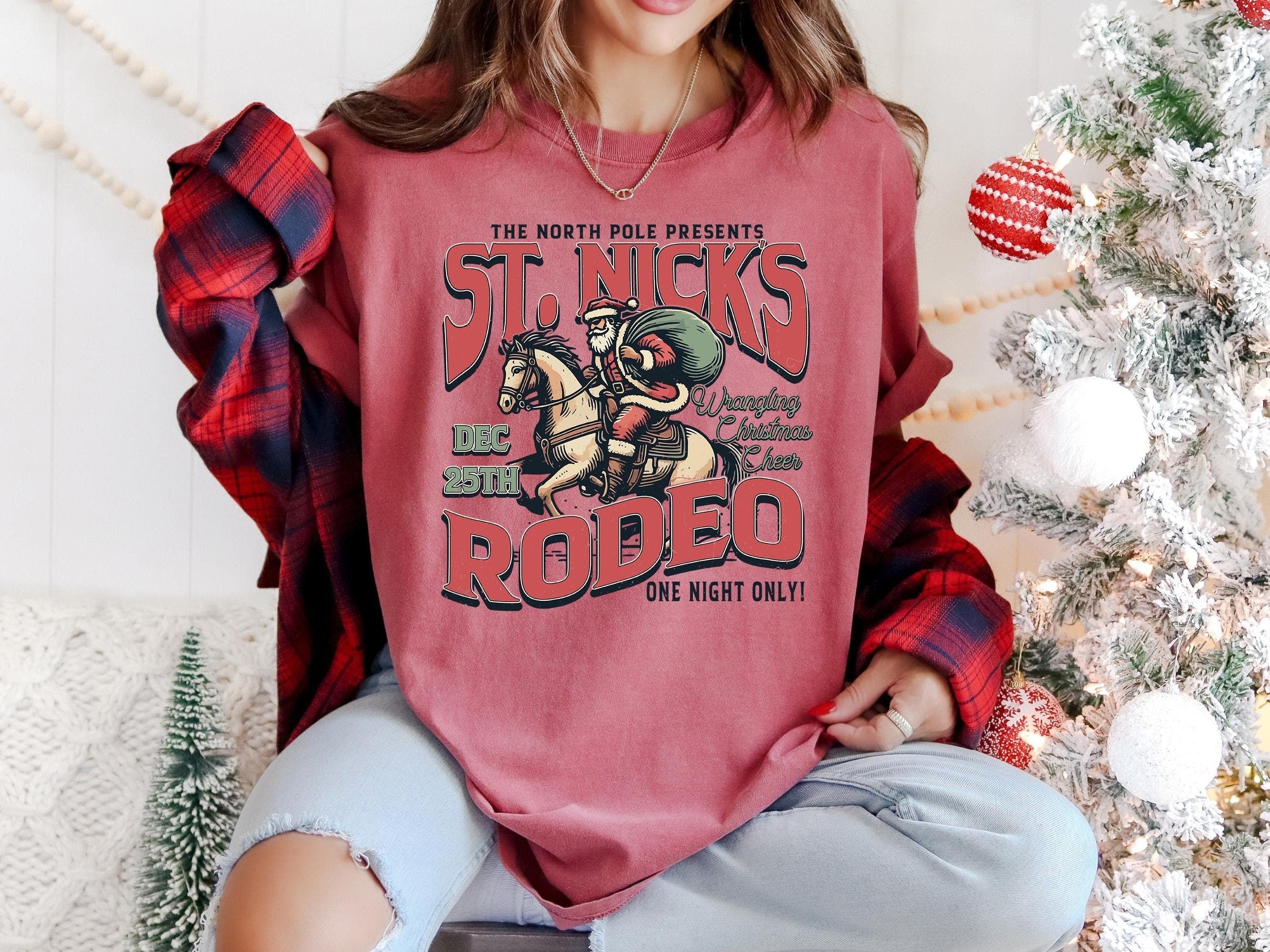 Retro St. Nicks Rodeo Christmas Comfort Colors Shirt, Vintage Santa Christmas TShirt, Holiday Shirt, Cozy Holiday Tee, Christmas Tree Design