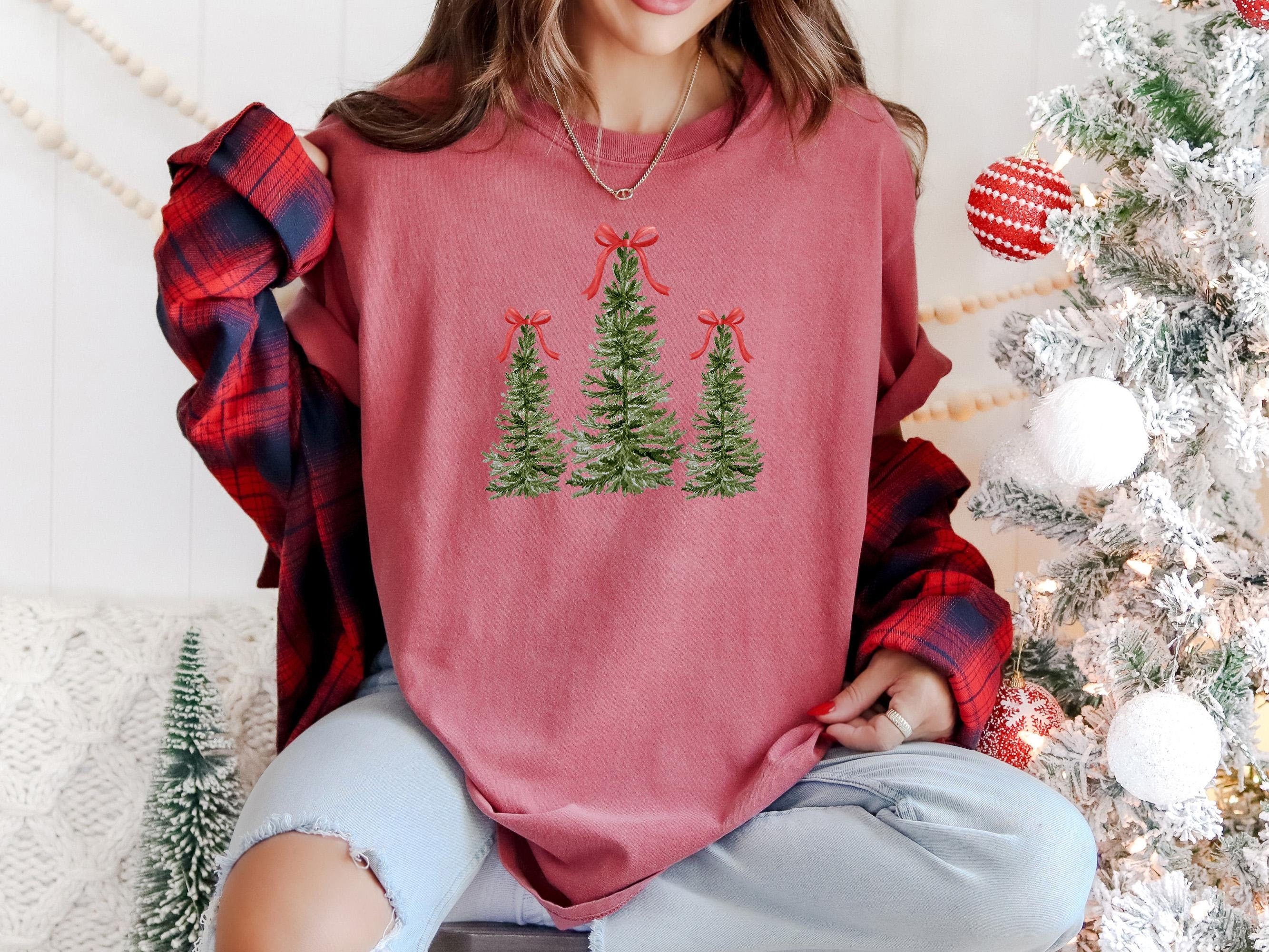 Retro Christmas Tree Comfort Colors Shirt, Vintage Santa Christmas TShirt, Holiday Red Bow Shirt, Cozy Holiday Tee, Christmas Tree Design