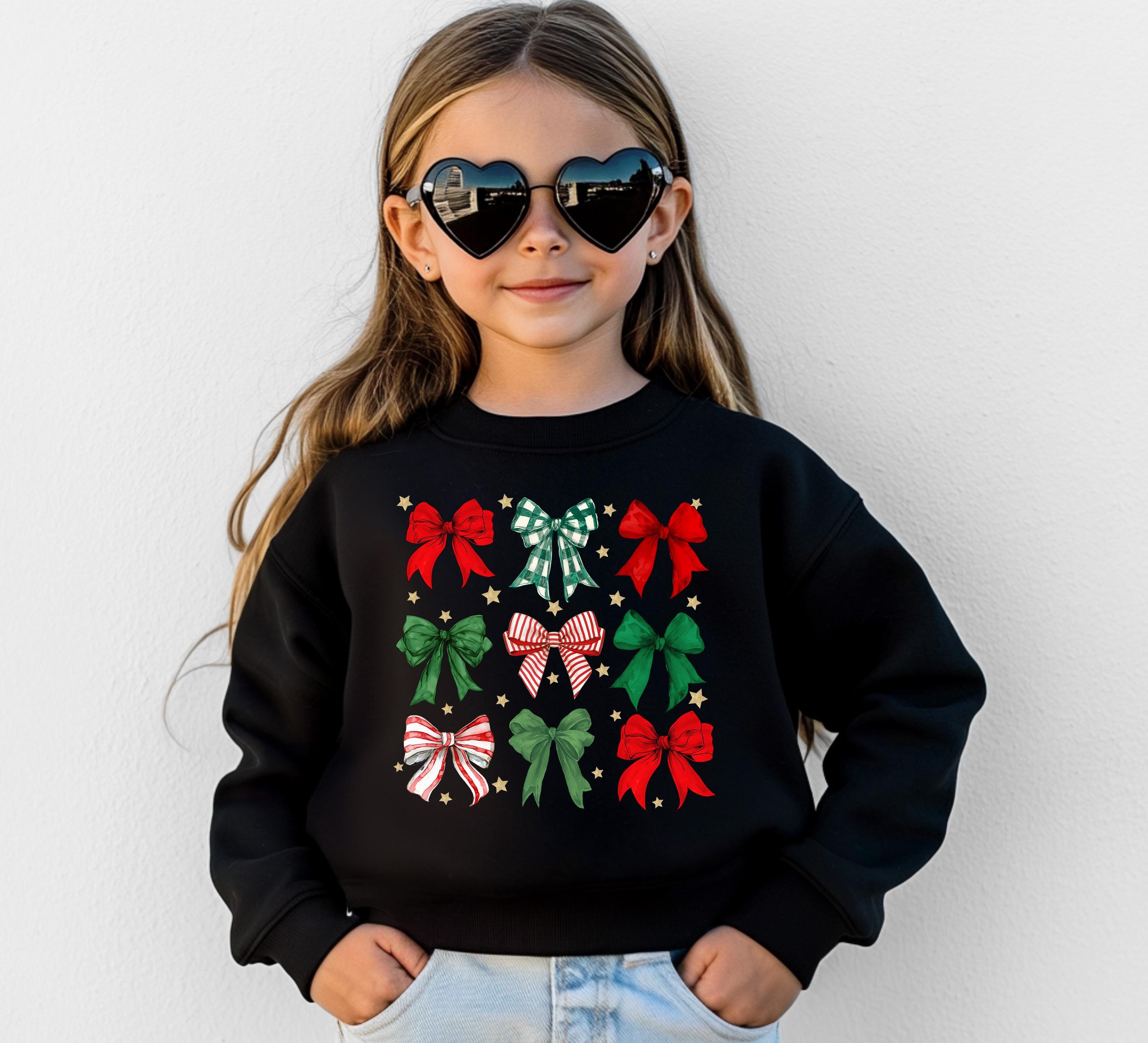 Christmas Bows Youth Sweater, Christmas Sweatshirt, Santa Shirt, Kids Holiday Design, Retro Christmas Long sleeve Crewneck