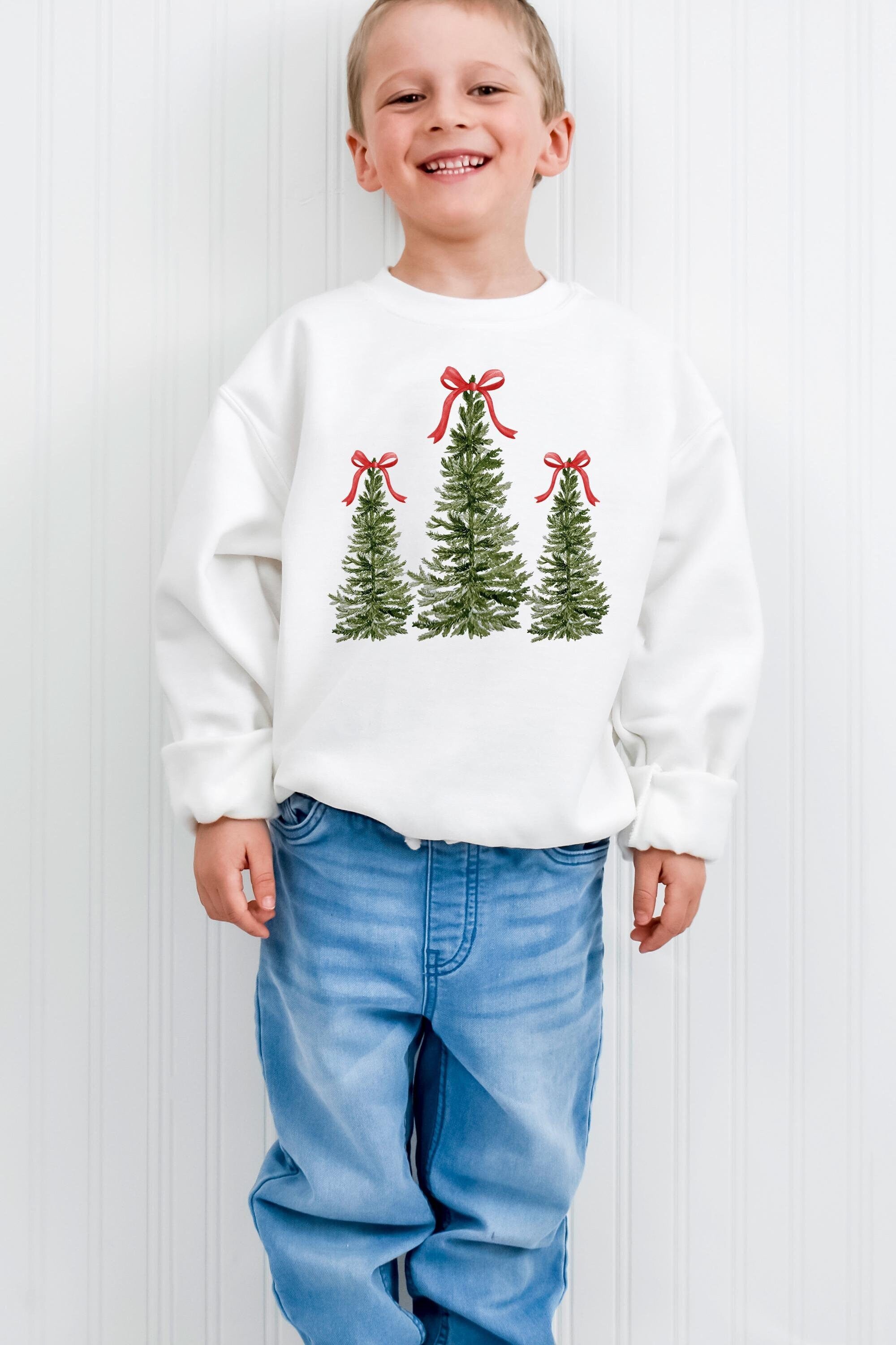 Christmas Tree Red Bow Youth Sweater, Christmas Sweatshirt, Santa Shirt, Kids Holiday Design Retro Christmas Long sleeve Crewneck