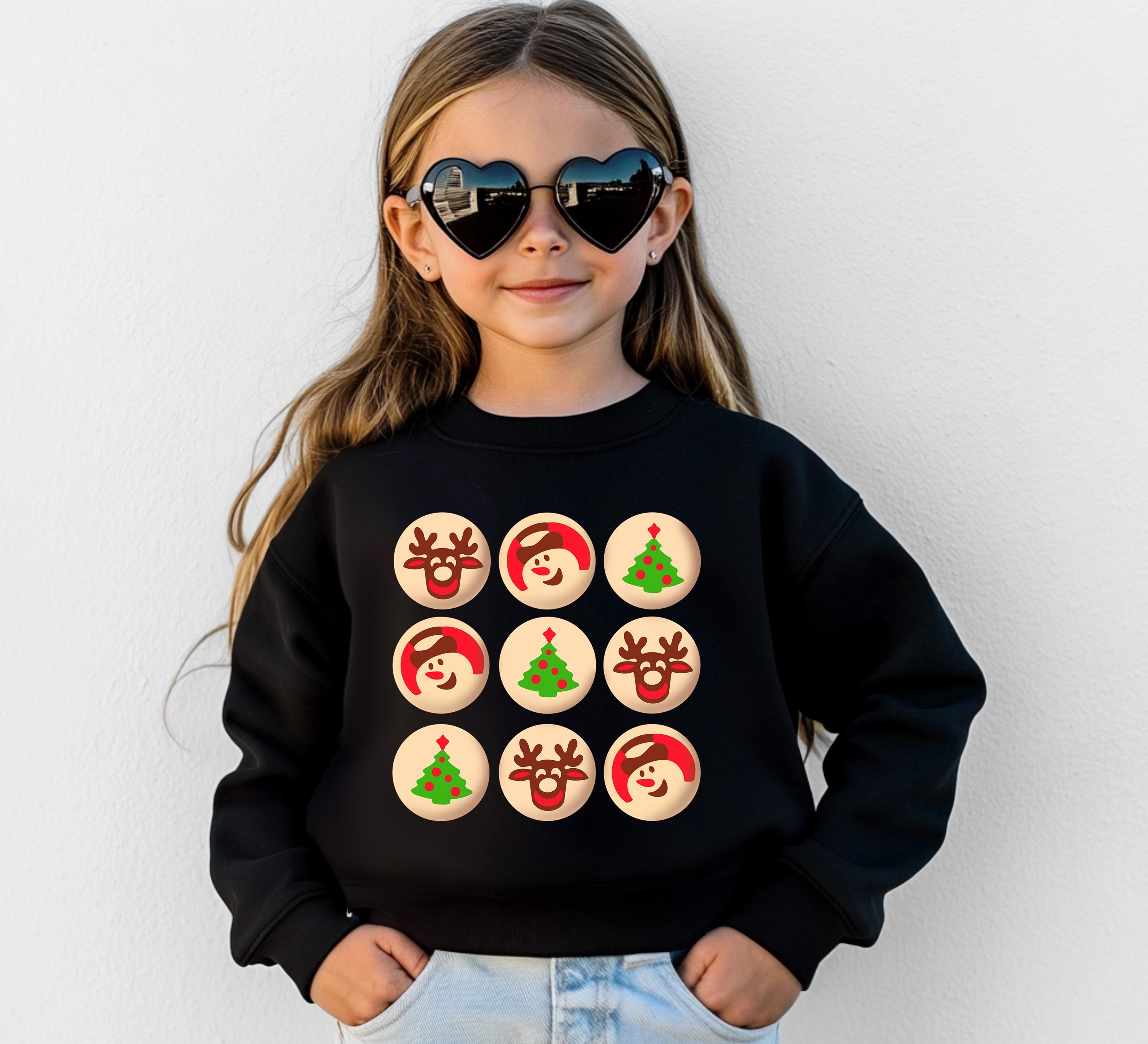 Christmas Cookies Youth Sweater, Christmas Sweatshirt, Santa Shirt, Kids Holiday Design, Retro Christmas Tree Long sleeve Crewneck, Snowman