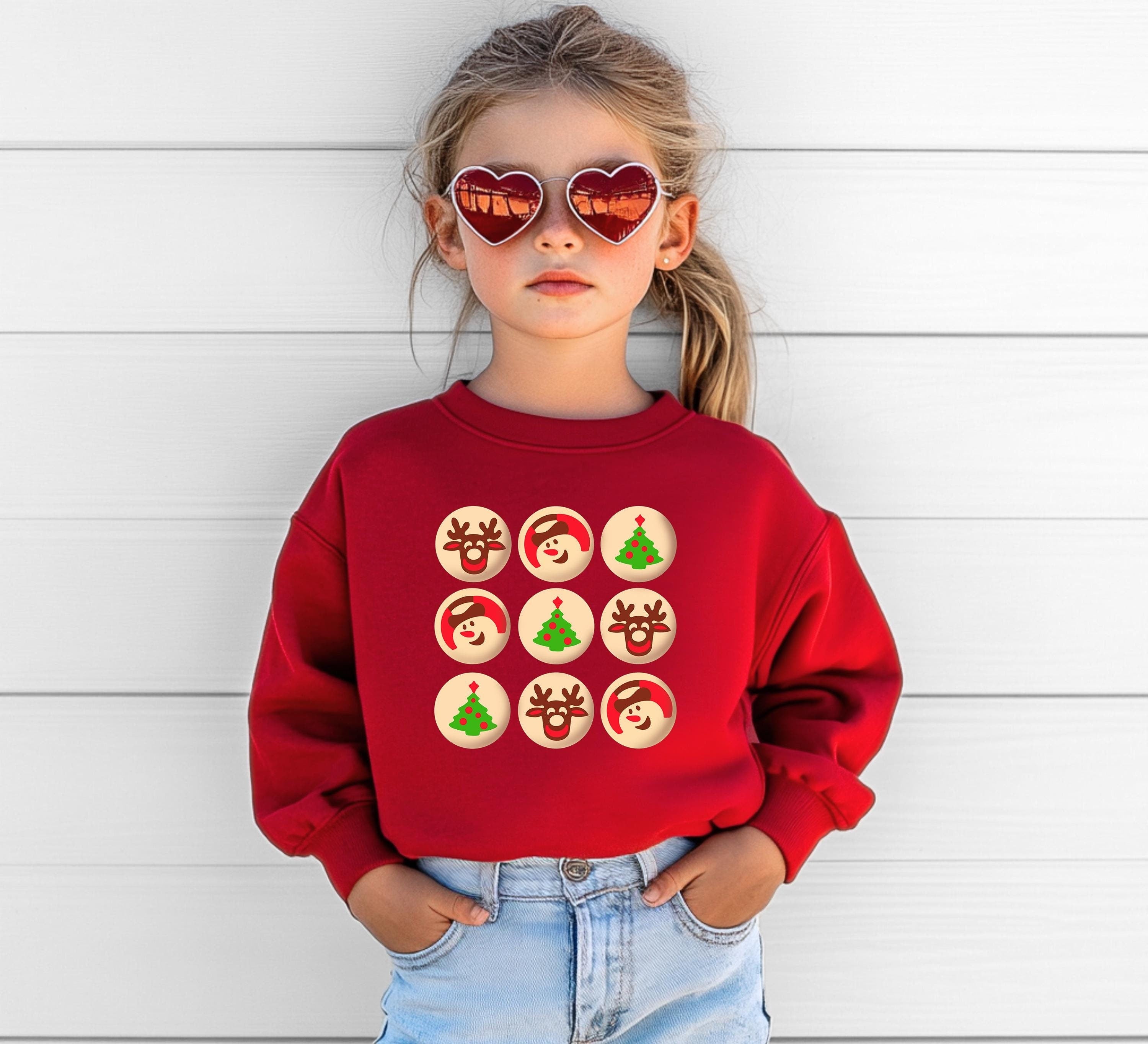 Christmas Cookies Youth Sweater, Christmas Sweatshirt, Santa Shirt, Kids Holiday Design, Retro Christmas Tree Long sleeve Crewneck, Snowman