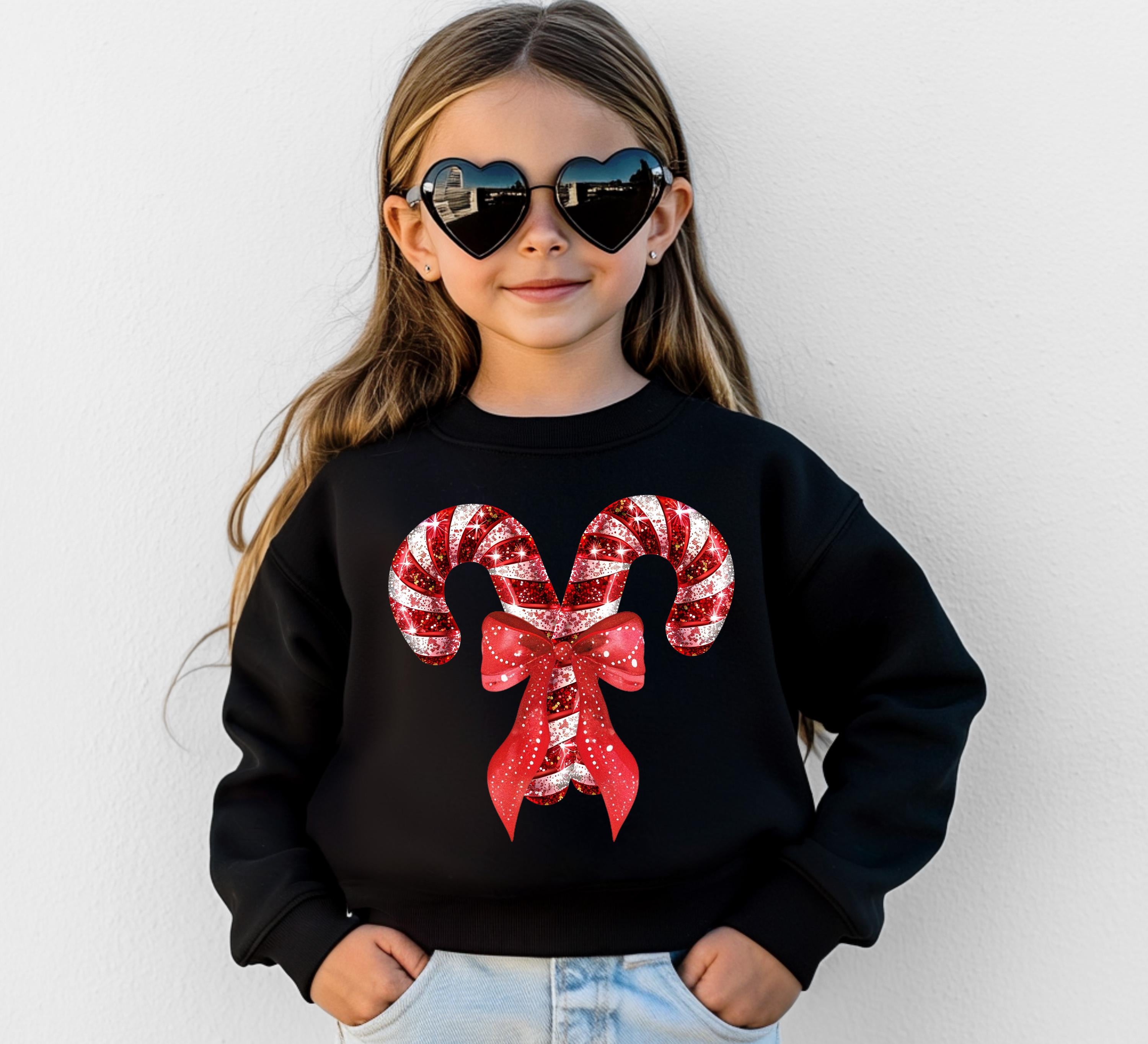 Christmas Candy Cane Bows Youth Sweater, Christmas Sweatshirt, Santa Shirt, Kids Holiday Design, Retro Christmas Long sleeve Crewneck