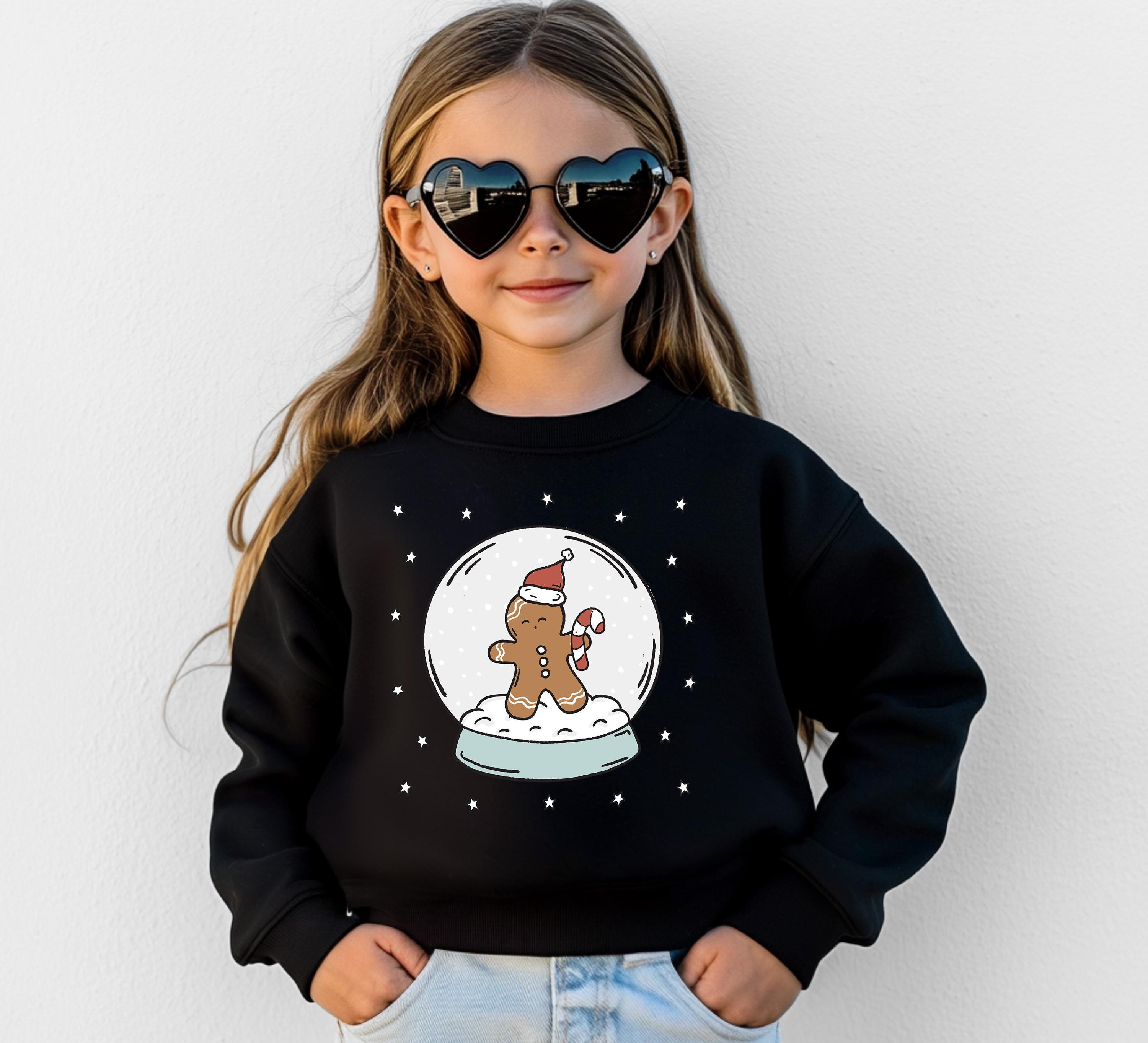 Christmas Snow Globe Youth Sweater, Christmas Sweatshirt, Kids Holiday Design, Retro Christmas Long sleeve Crewneck, Gingerbread Man Shirt