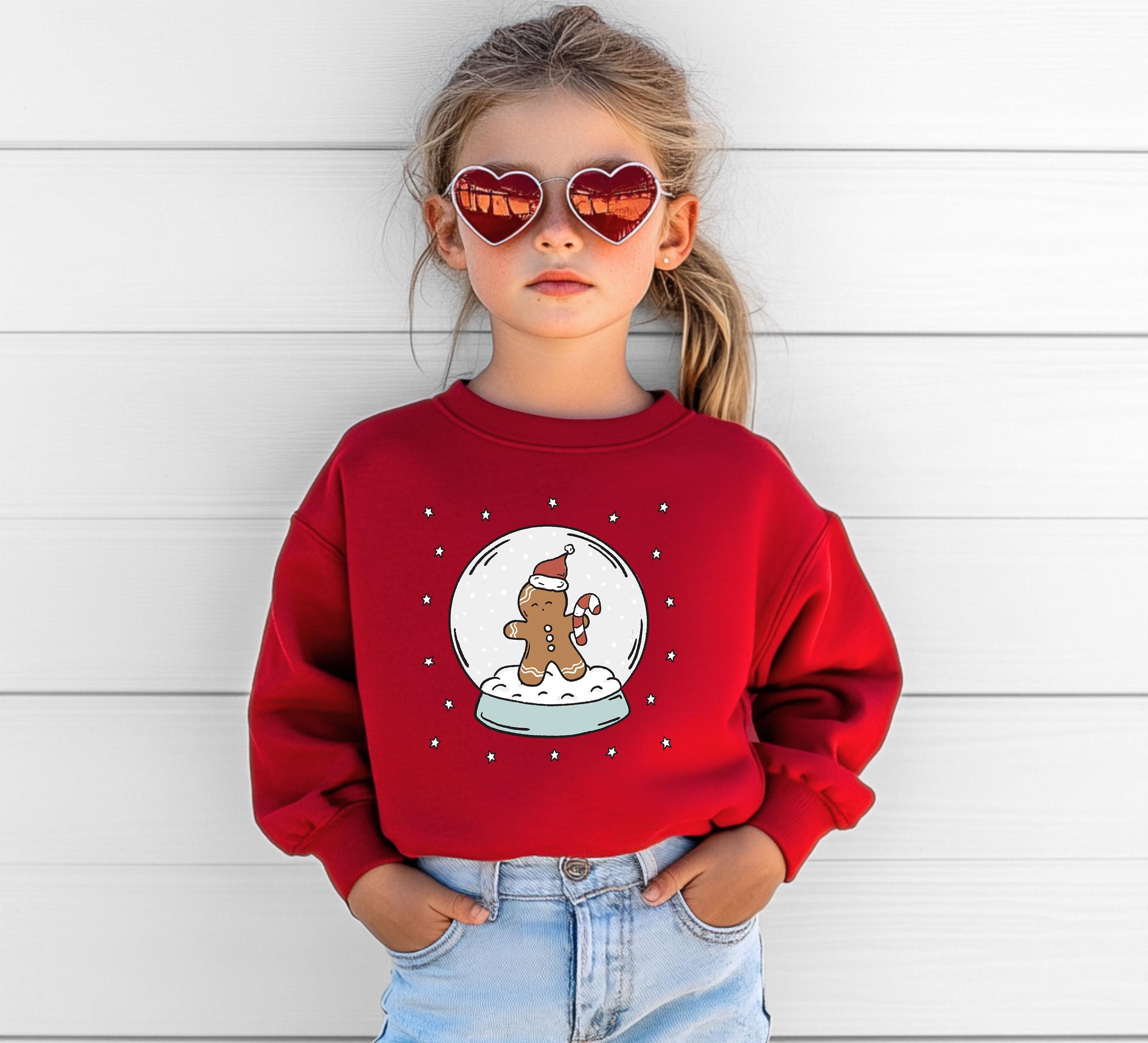 Christmas Snow Globe Youth Sweater, Christmas Sweatshirt, Kids Holiday Design, Retro Christmas Long sleeve Crewneck, Gingerbread Man Shirt