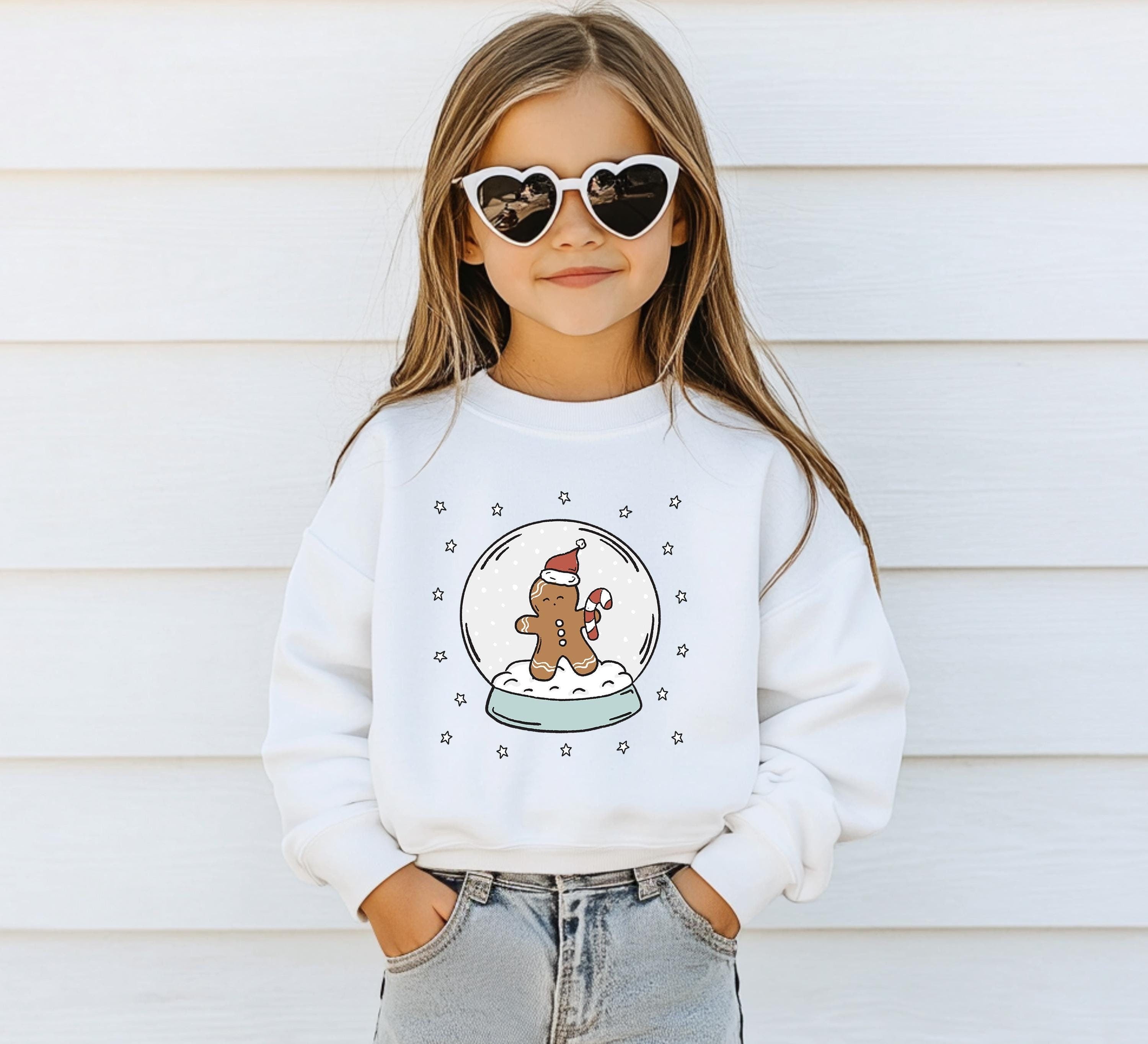 Christmas Snow Globe Youth Sweater, Christmas Sweatshirt, Kids Holiday Design, Retro Christmas Long sleeve Crewneck, Gingerbread Man Shirt