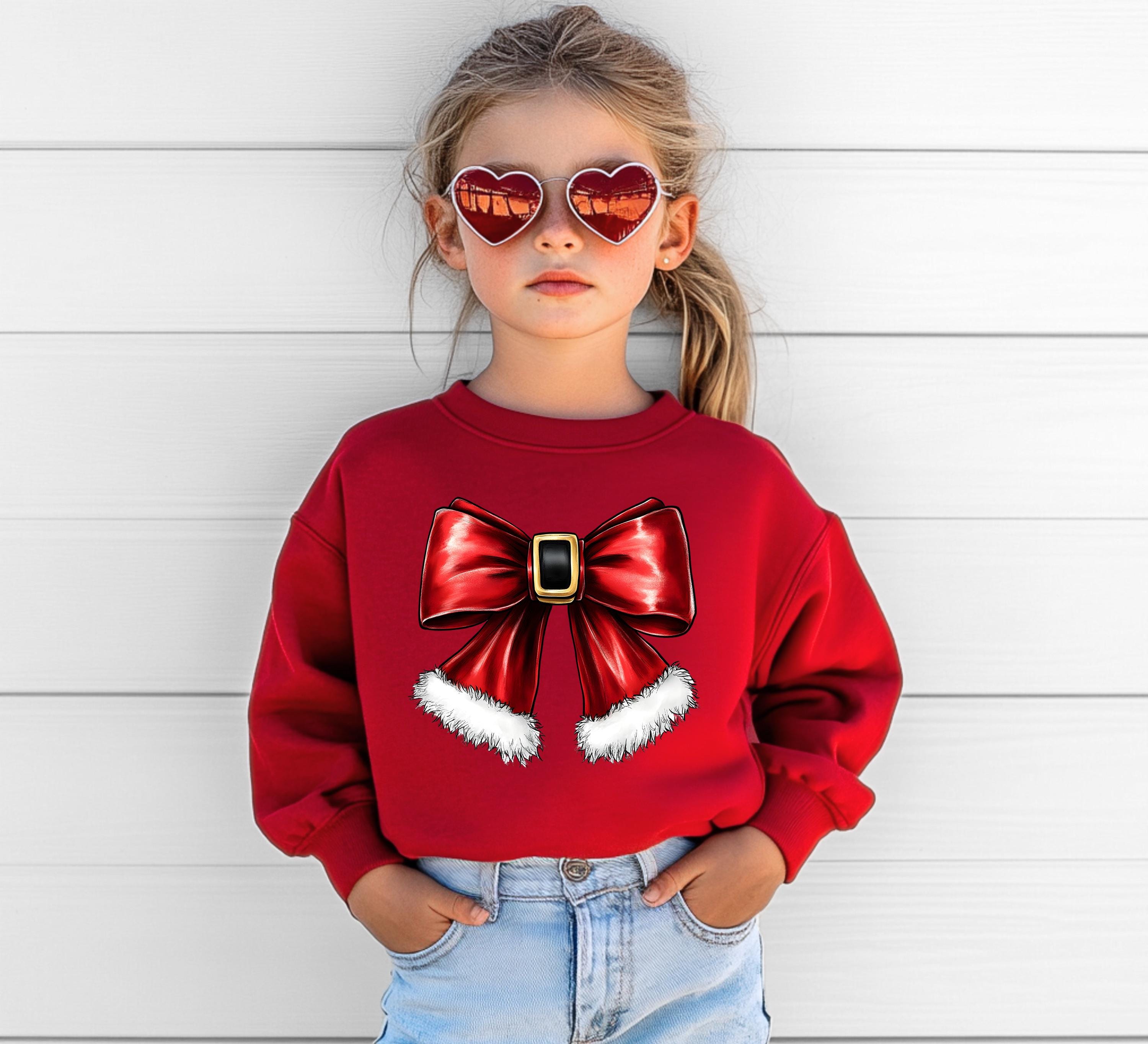 Santa Bow Christmas Youth Sweater, Christmas Cookies Sweatshirt, Kids Holiday Design, Retro Christmas Long sleeve Crewneck