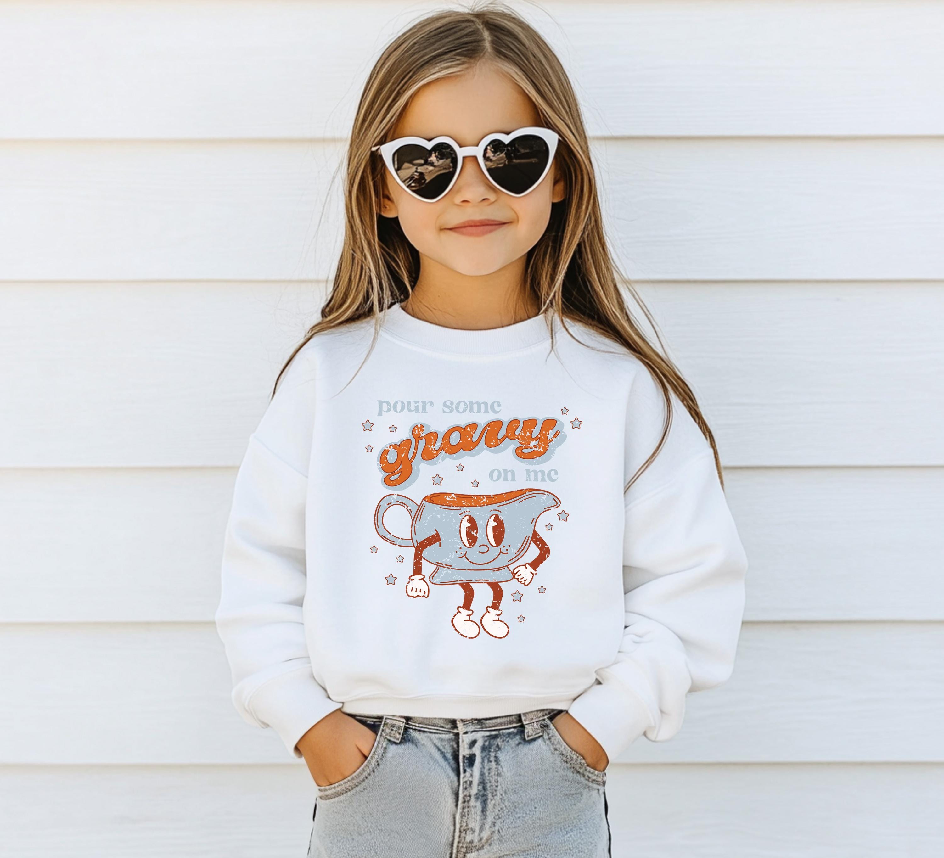 Youth Thanksgiving Sweater, Pour Some Gravy On Me Shirt, Funny Sweatshirt, Kids Holiday Design Retro Fal Long sleeve