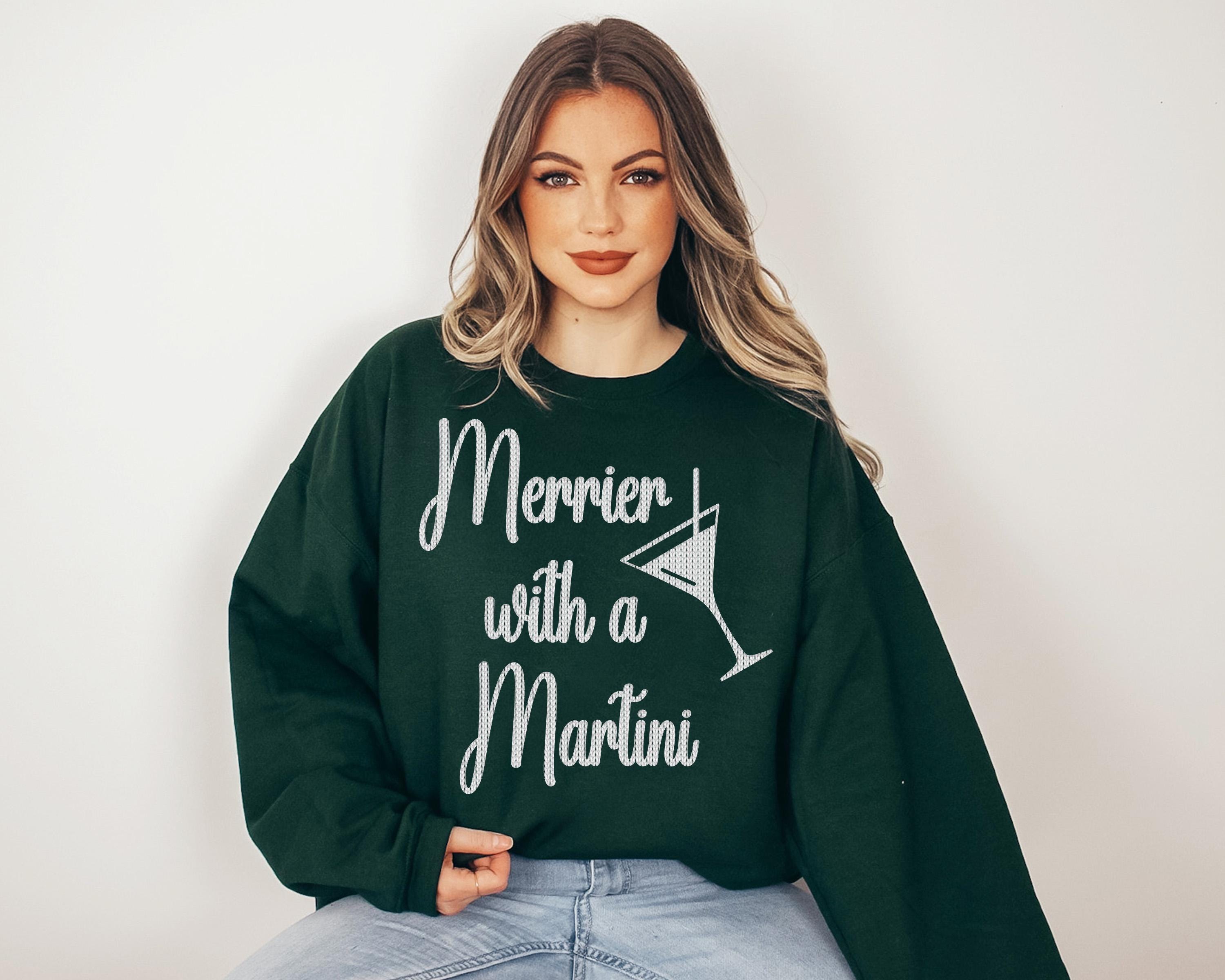 Merrier With A Martini Faux Stitch Sweater, Trendy Christmas Crewneck, Winter Sweatshirt, Martini Design, Christmas Holiday Party Crew