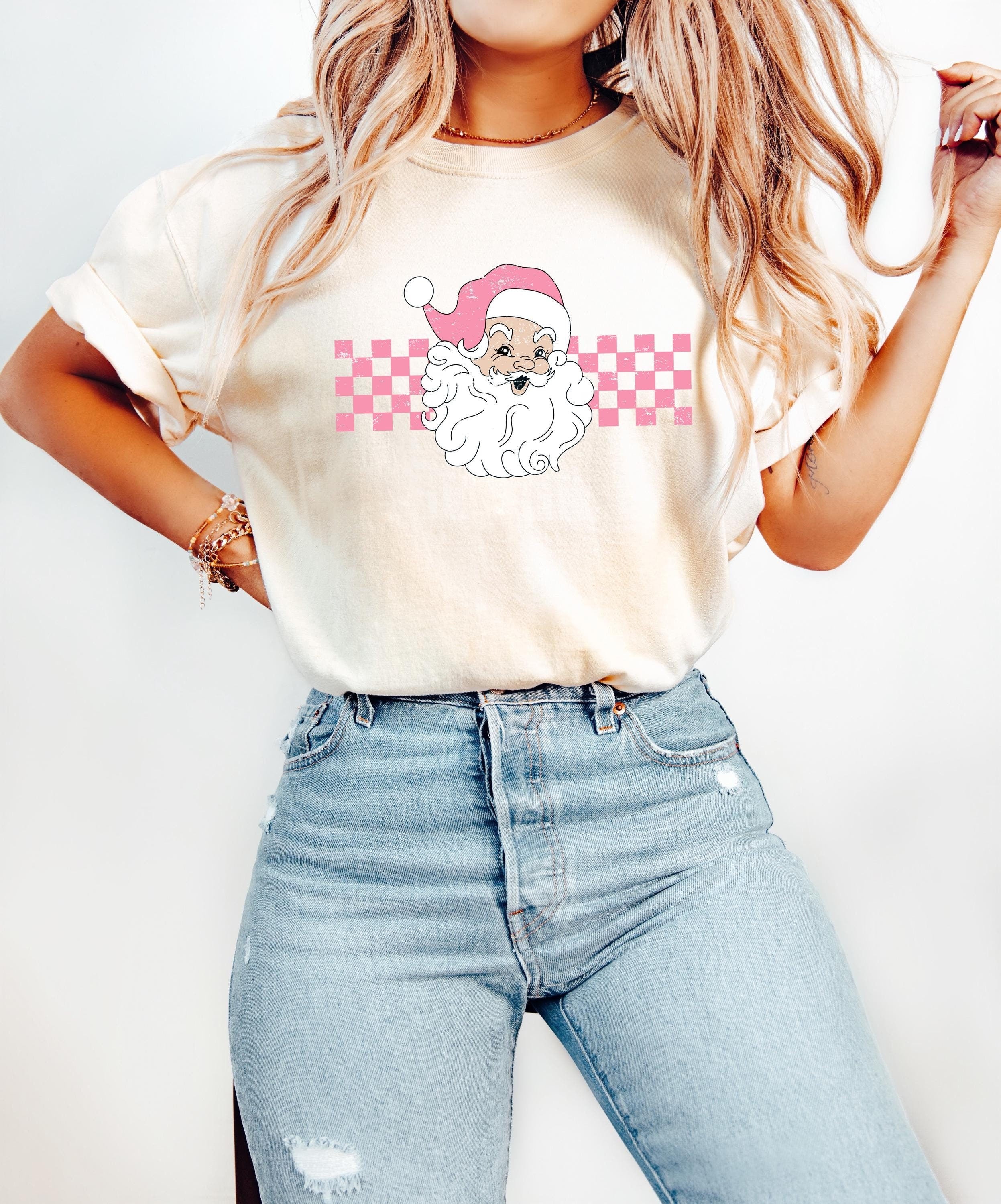 Pink Santa Christmas Comfort Colors Shirt, Vintage Christmas TShirt, Retro Distressed Holiday Shirt, Xmas T-Shirt, Cozy Holiday Tee,