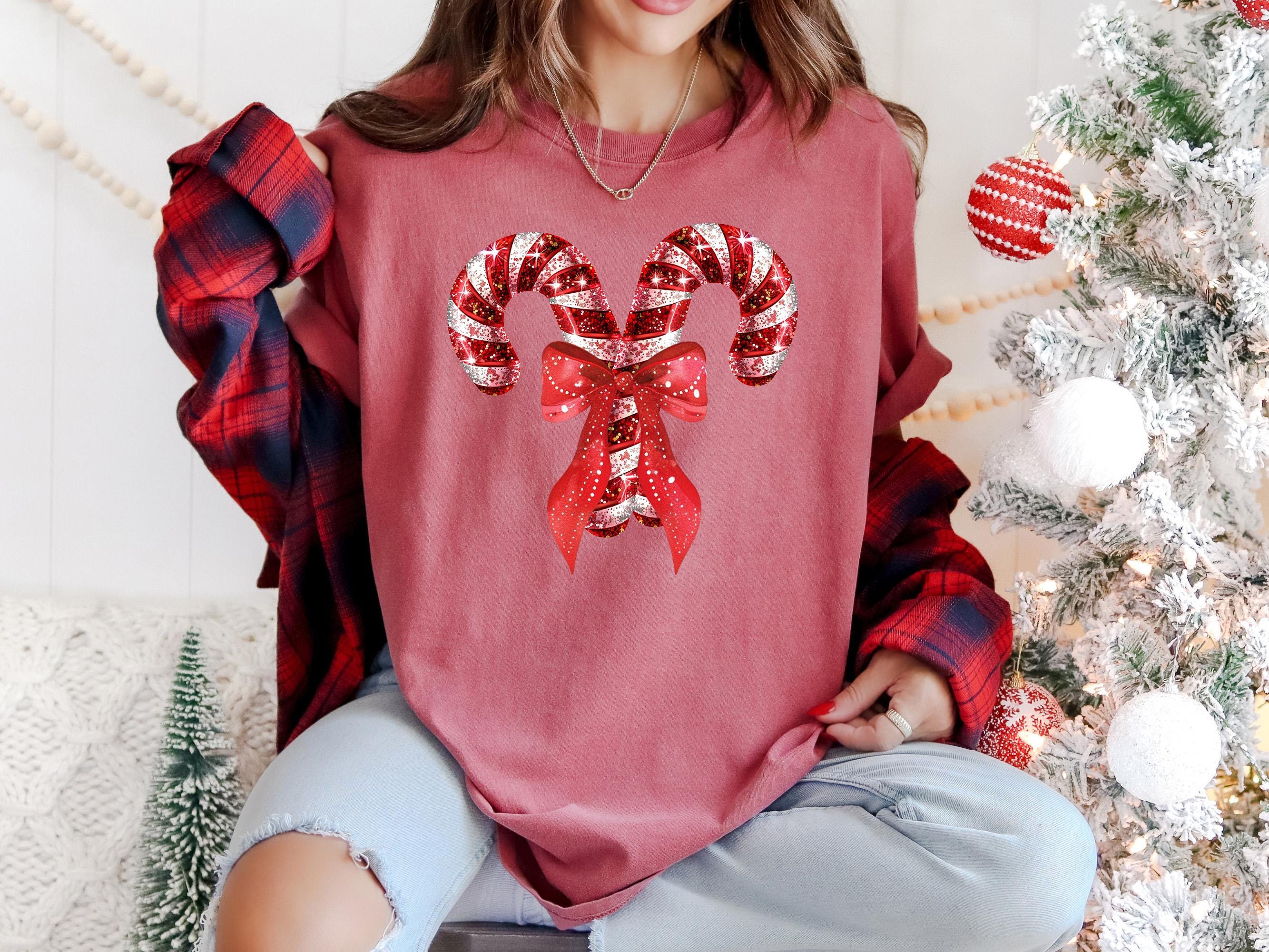 Cute Candy Cane Christmas Comfort Colors Shirt, Vintage MerryChristmas TShirt, Holiday Shirt, Xmas T-Shirt, Cozy Holiday Tee, Xmas Bow T