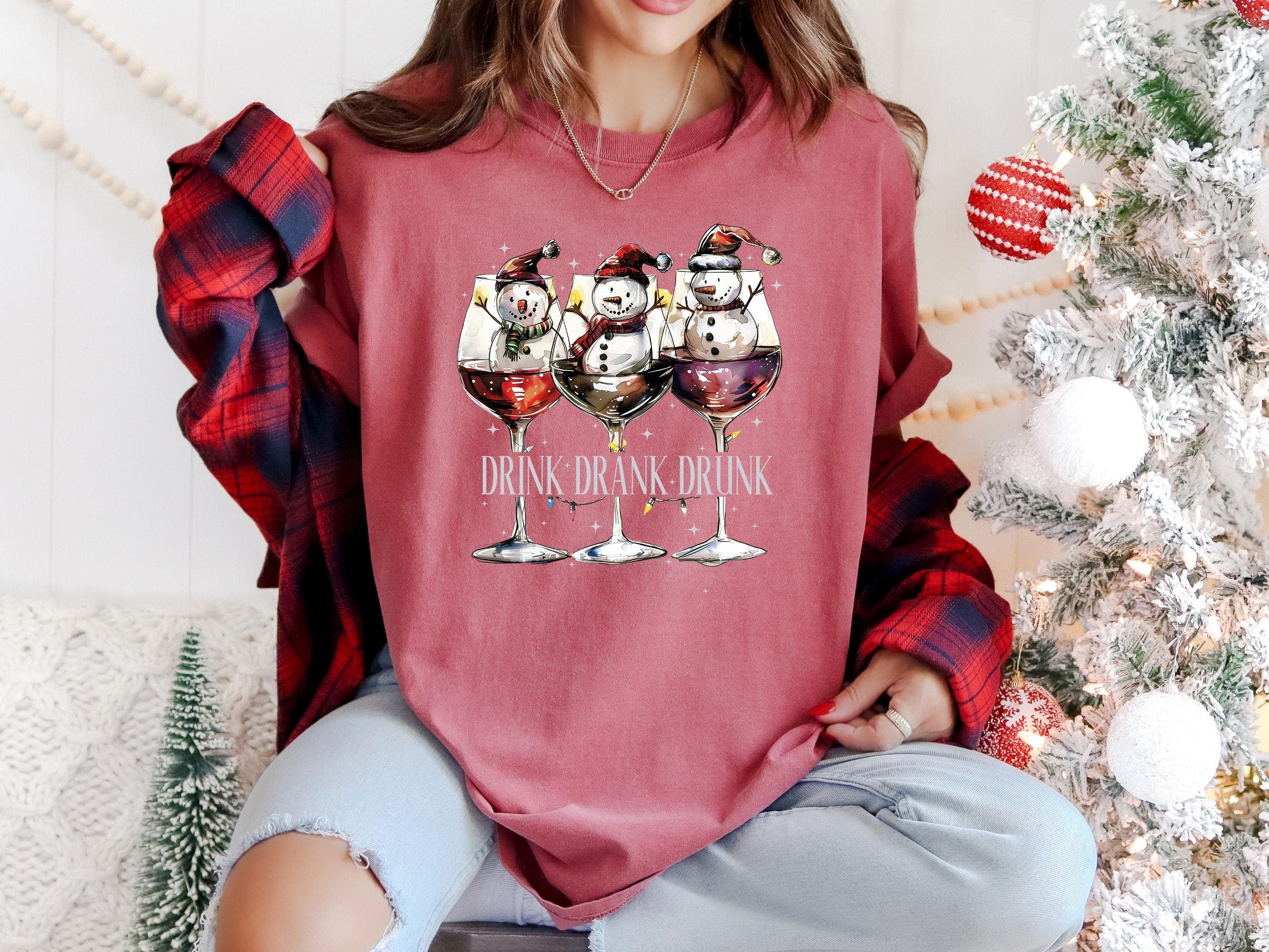 Funny Drink Drank Drunk Christmas Comfort Colors Shirt, Merry Christmas TShirt, Holiday Shirt, Snowman Shirt, Cozy Holiday Tee, Wine Design