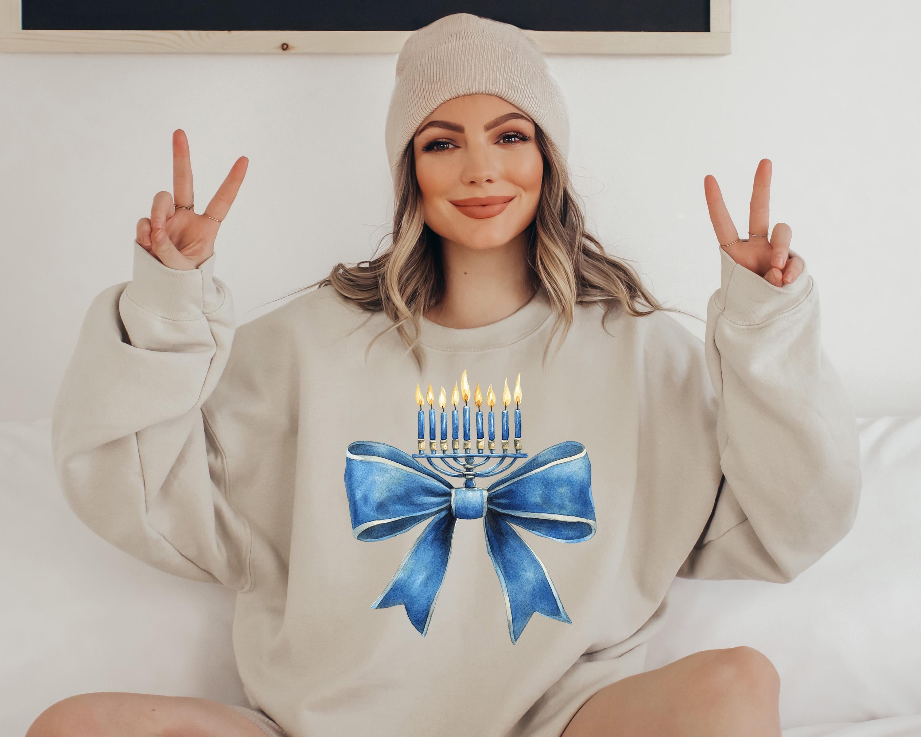 Hanukkah Crewneck, Happy Hanukkah, Menorah Sweater, Jewish Holiday Shirt, Cute Bow Sweatshirt, Sweatshirt For Jewish Holiday