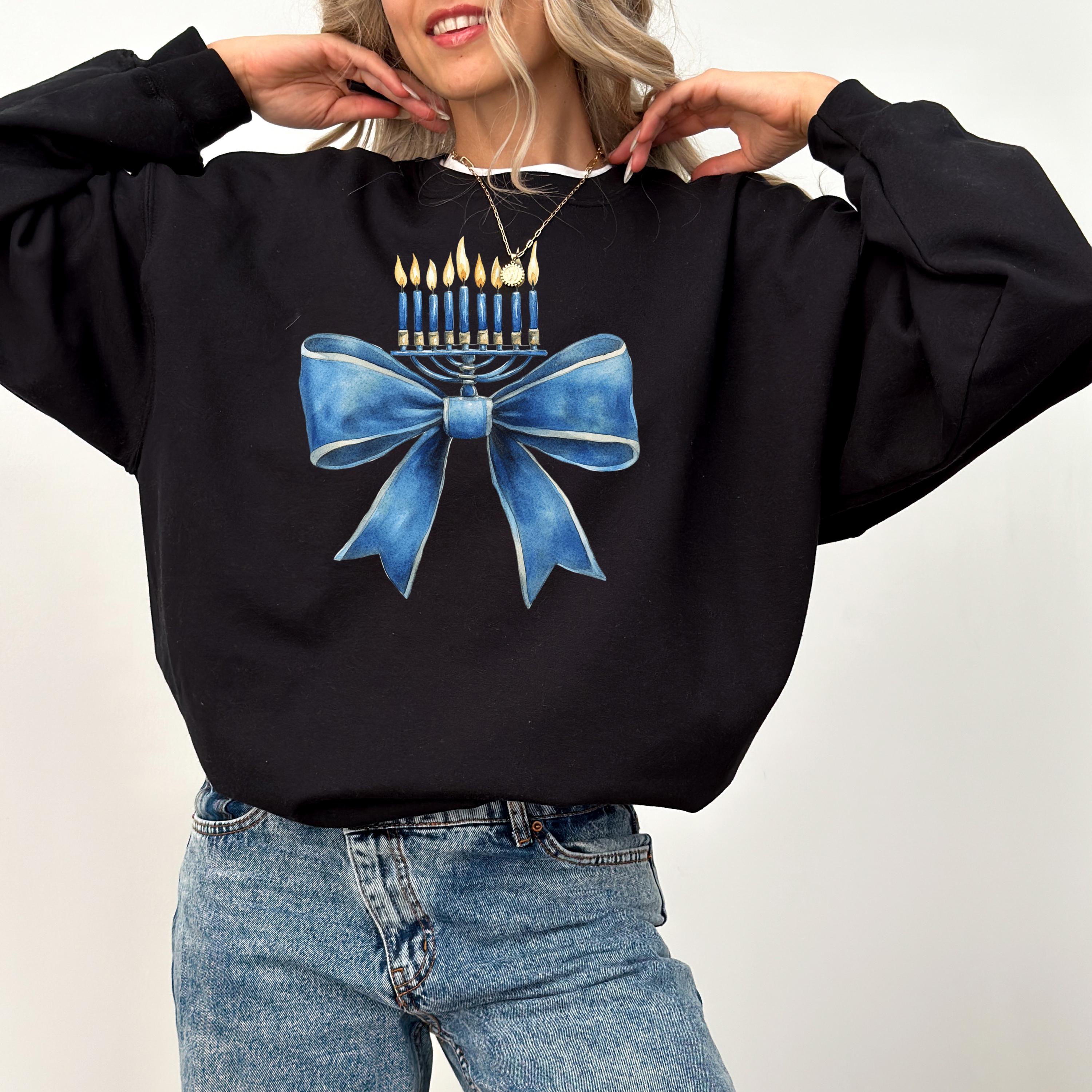 Hanukkah Crewneck, Happy Hanukkah, Menorah Sweater, Jewish Holiday Shirt, Cute Bow Sweatshirt, Sweatshirt For Jewish Holiday