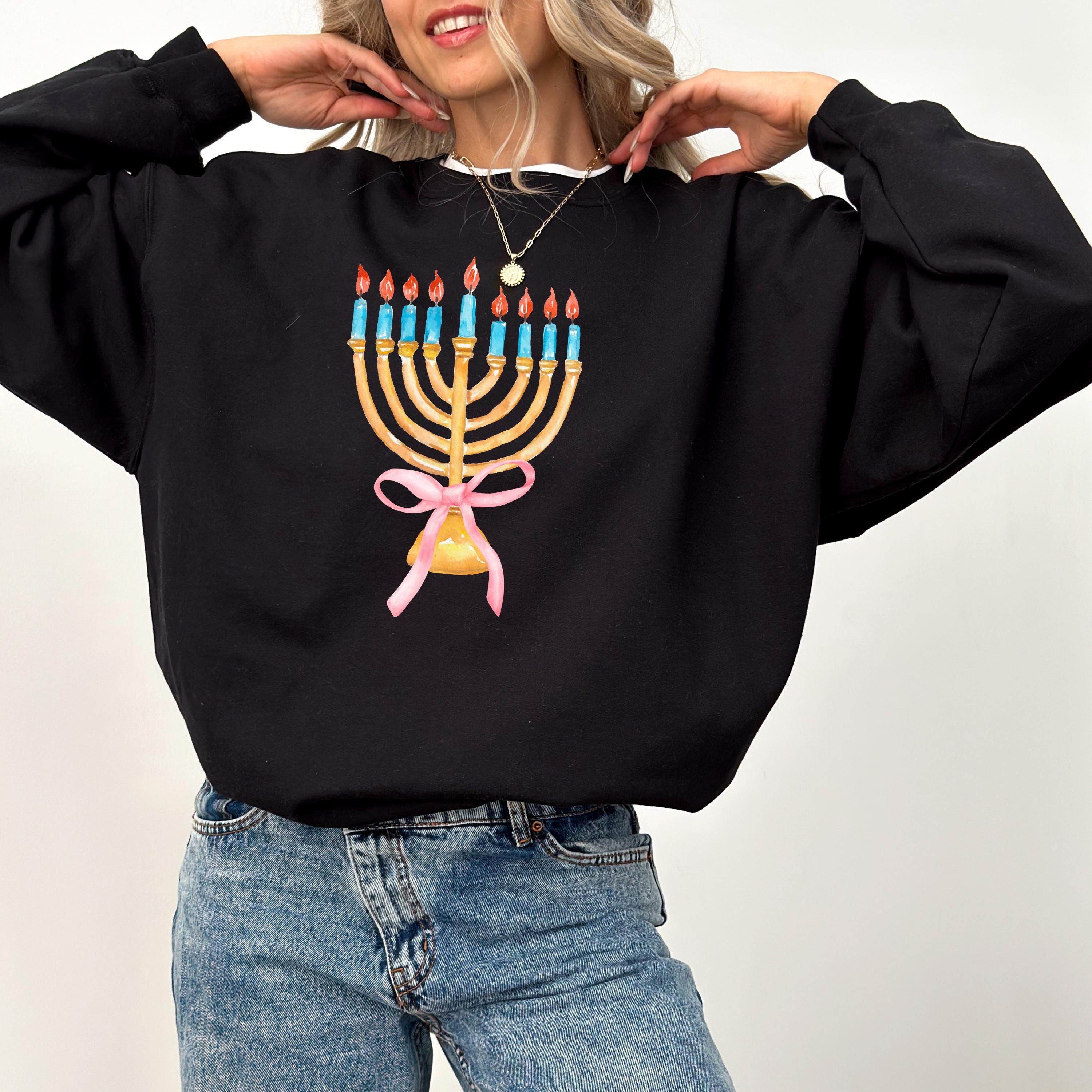 New Hanukkah Crewneck, Happy Hanukkah, Menorah Sweater, Jewish Holiday Shirt, Cute Bow Sweatshirt, Sweatshirt For Jewish Holiday