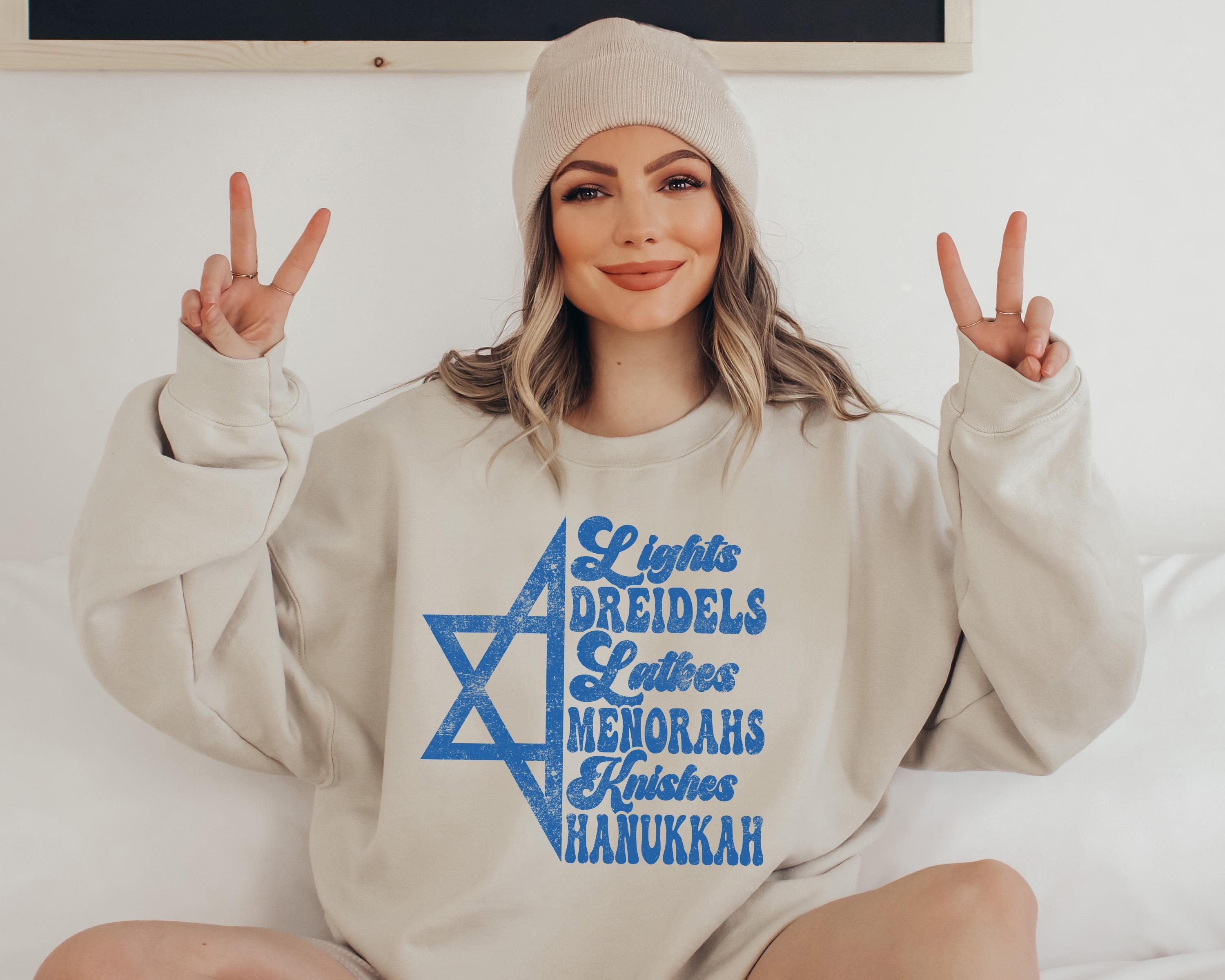 New Hanukkah Crewneck, Happy Hanukkah, Menorah Sweater, Jewish Holiday Shirt, Cute Bow Sweatshirt, Lights, Dreidels, Latkes, Knishes Shirt