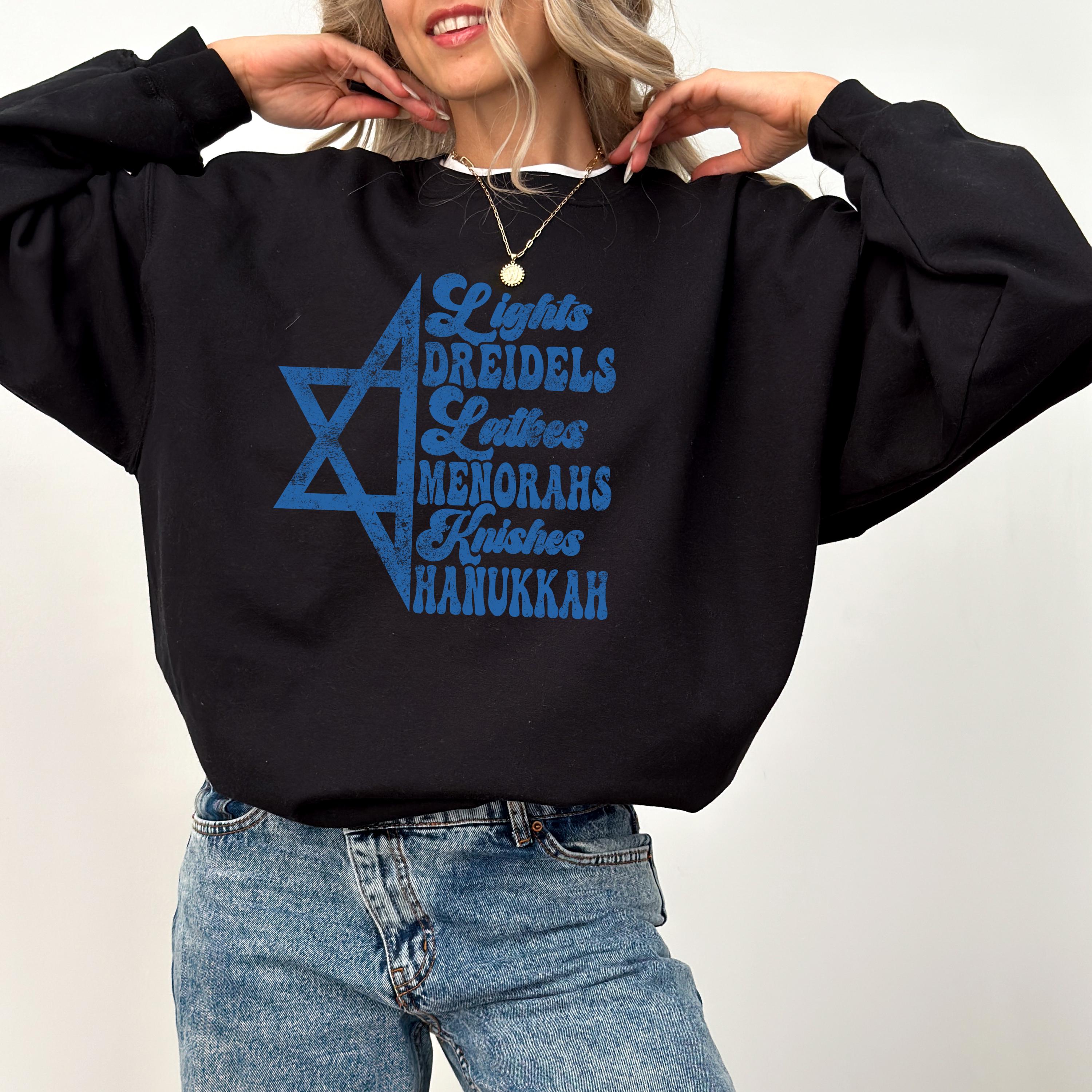 New Hanukkah Crewneck, Happy Hanukkah, Menorah Sweater, Jewish Holiday Shirt, Cute Bow Sweatshirt, Lights, Dreidels, Latkes, Knishes Shirt