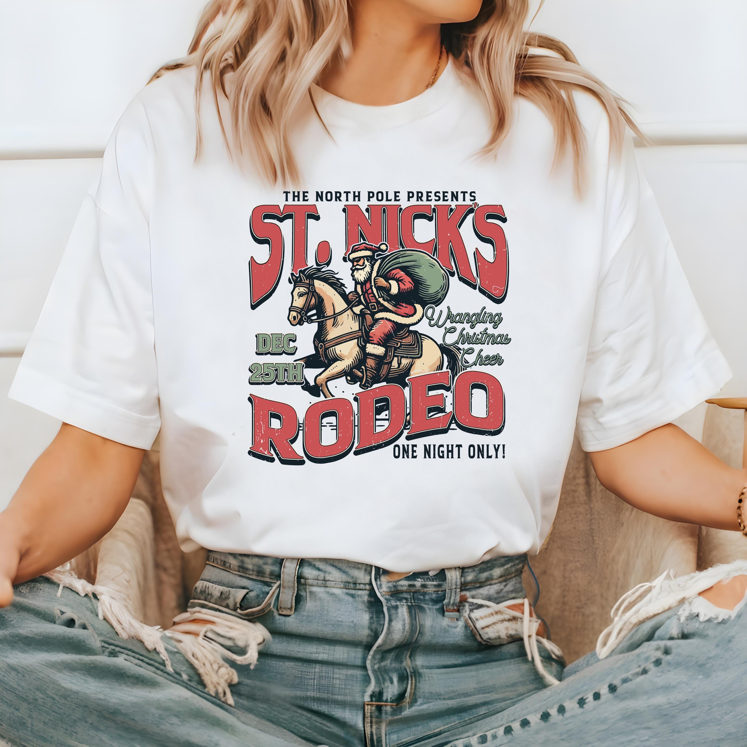 Retro St. Nicks Rodeo Christmas Comfort Colors Shirt, Vintage Santa Christmas TShirt, Holiday Shirt, Cozy Holiday Tee, Christmas Tree Design