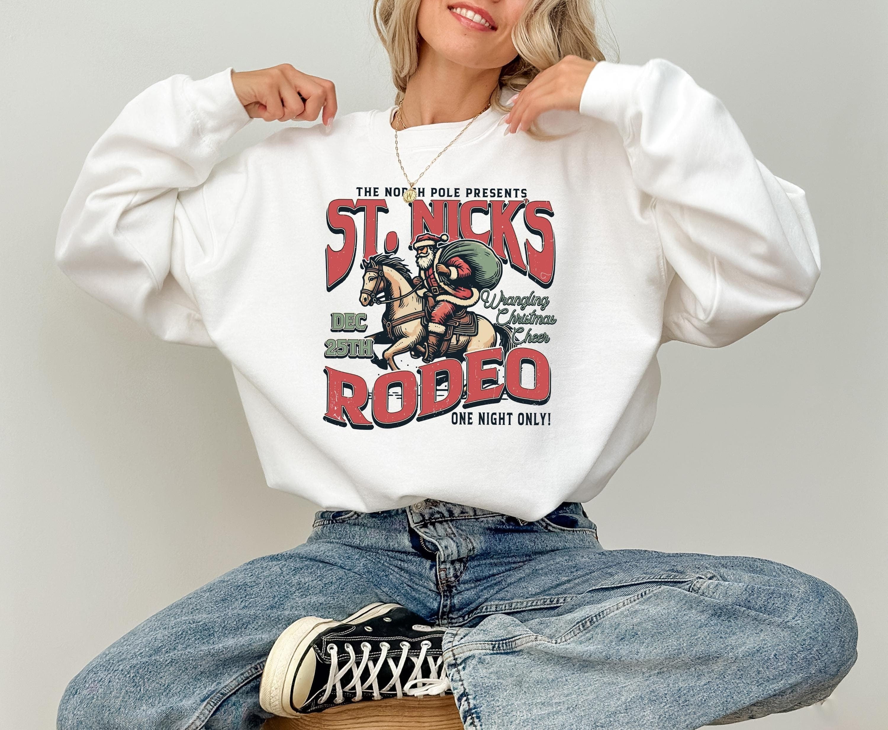 Retro Christmas Sweater, St. Nicks Rodeo, Trendy Christmas Crewneck, Winter Sweatshirt, Xmas Pullover, Cute Holiday Jumper, Santa Crew