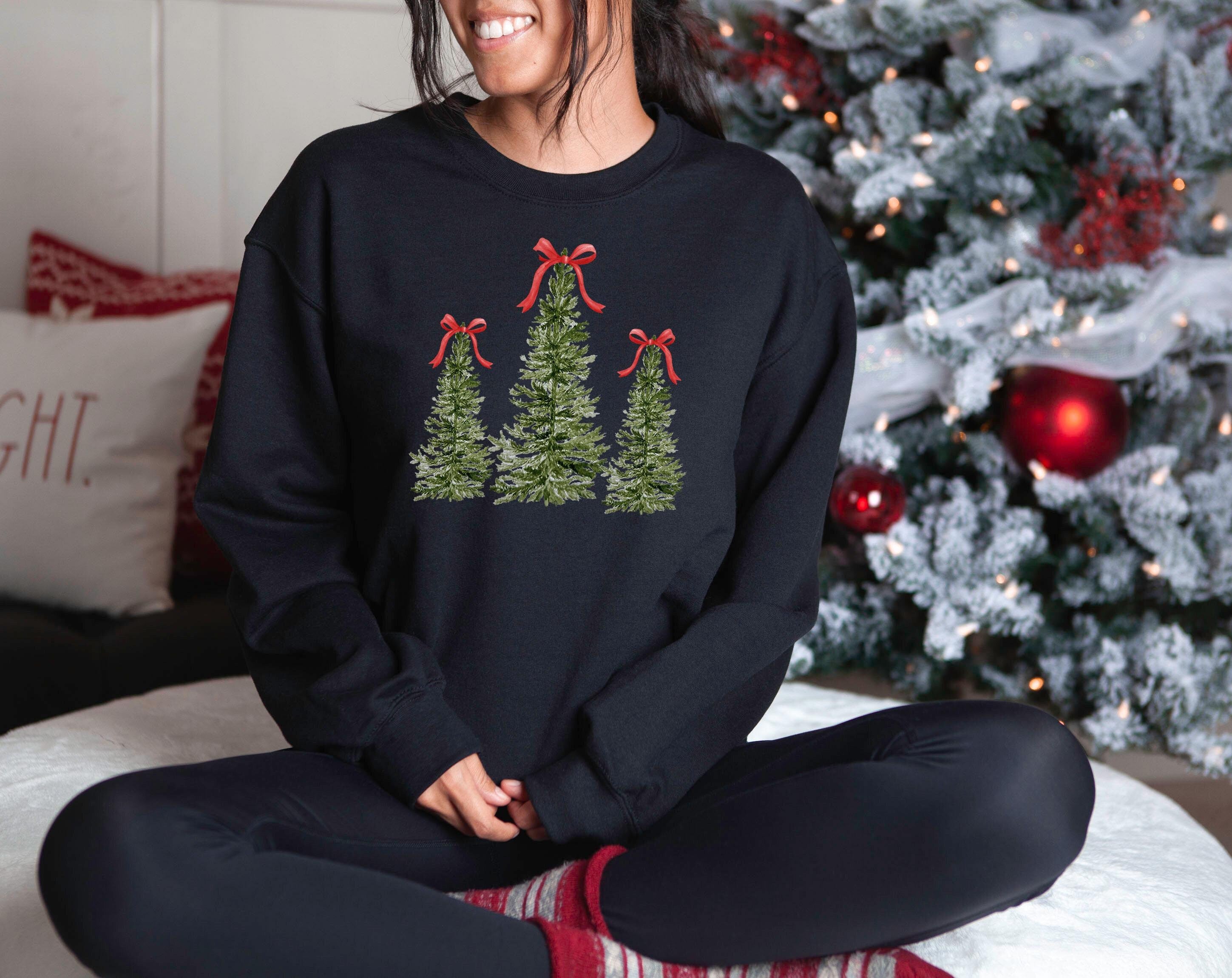 Cute Christmas Tree Bows Sweater, Trendy Christmas Crewneck, Winter Sweatshirt, Xmas Pullover, Holiday Jumper, Red Bows on Christmas Trees