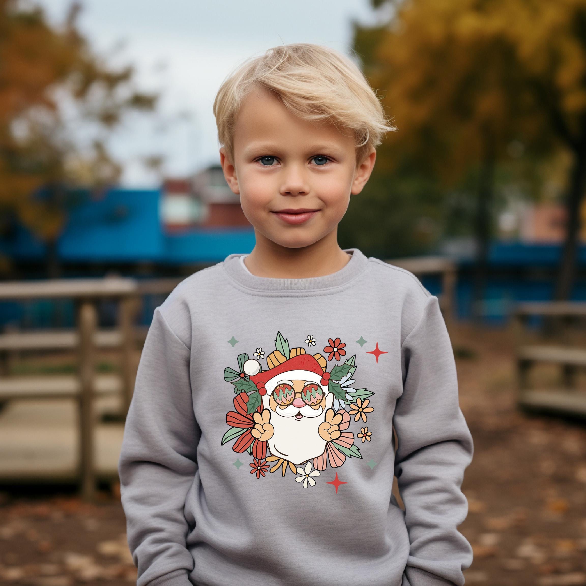 Youth Groovy Santa Christmas Sweater, Christmas Sweatshirt, Santa Shirt, Kids Holiday Design Retro Christmas Long sleeve