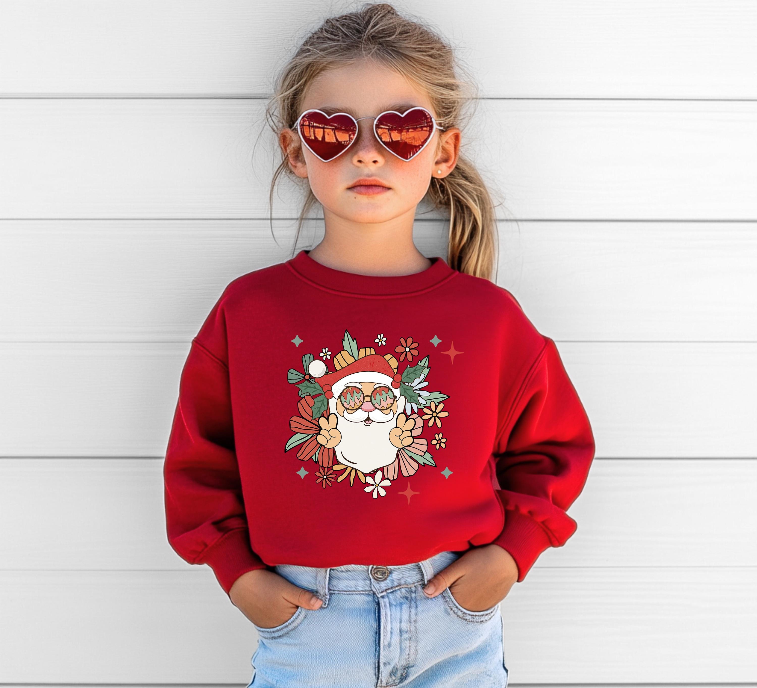 Youth Groovy Santa Christmas Sweater, Christmas Sweatshirt, Santa Shirt, Kids Holiday Design Retro Christmas Long sleeve