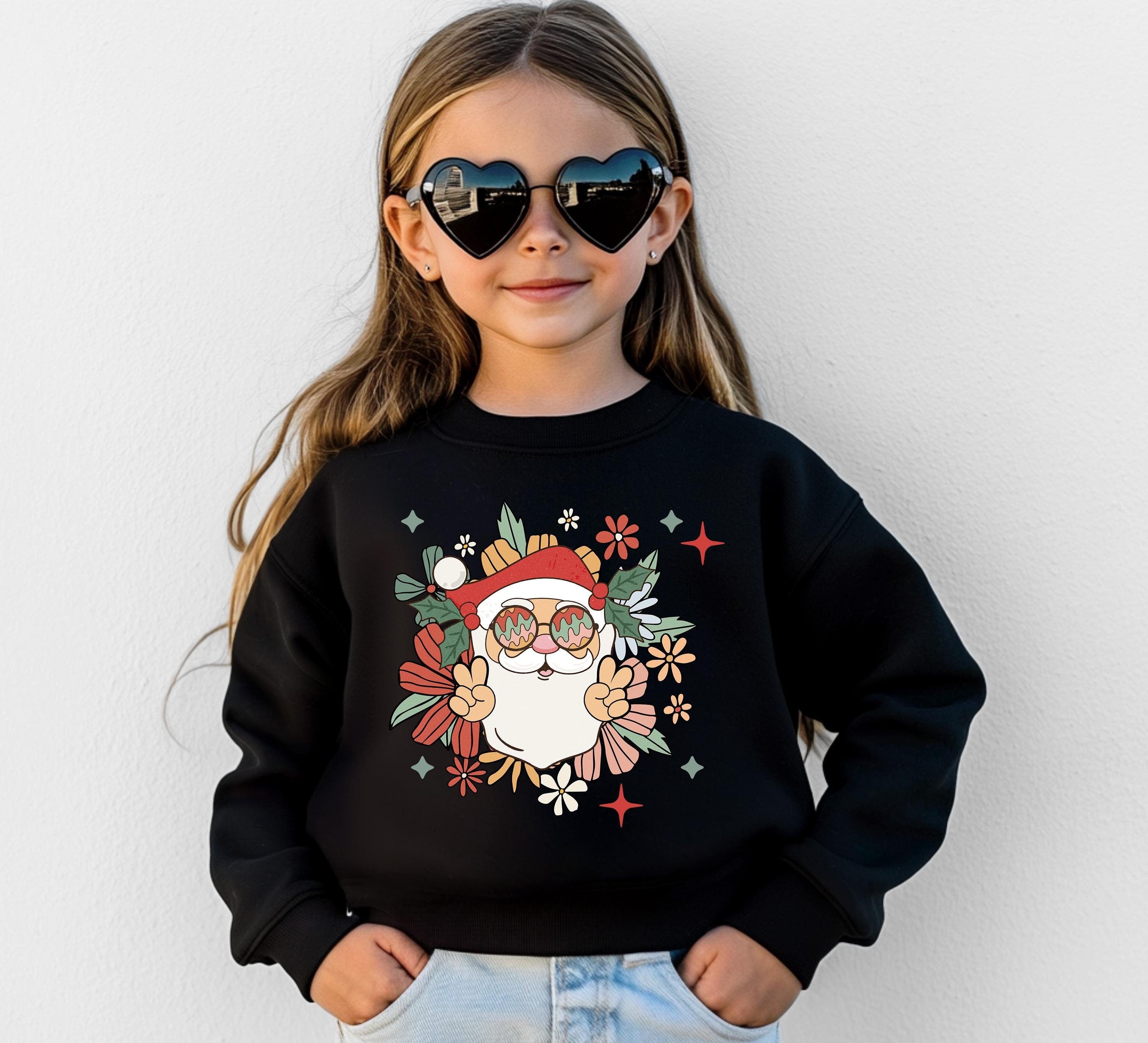 Youth Groovy Santa Christmas Sweater, Christmas Sweatshirt, Santa Shirt, Kids Holiday Design Retro Christmas Long sleeve