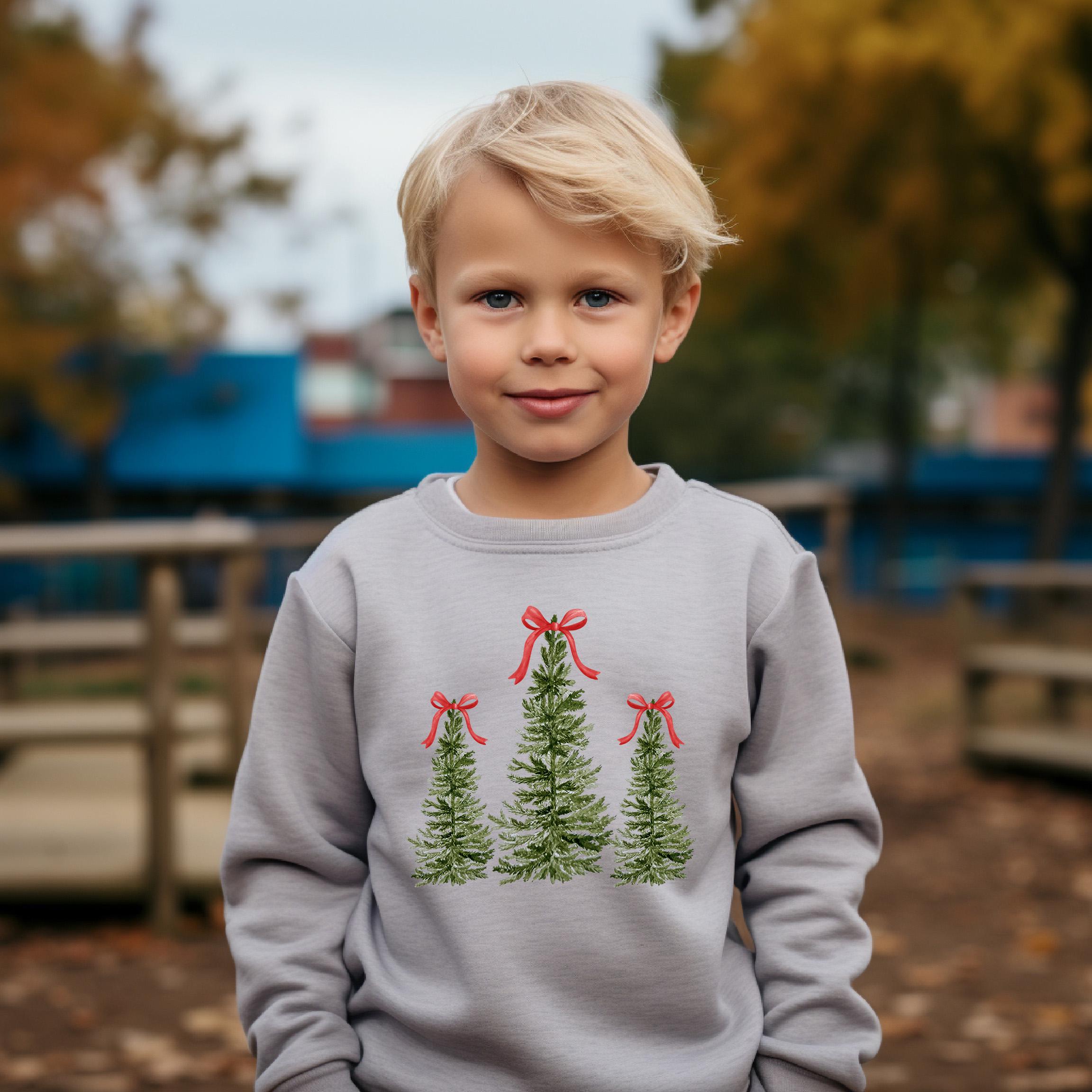 Christmas Tree Red Bow Youth Sweater, Christmas Sweatshirt, Santa Shirt, Kids Holiday Design Retro Christmas Long sleeve Crewneck