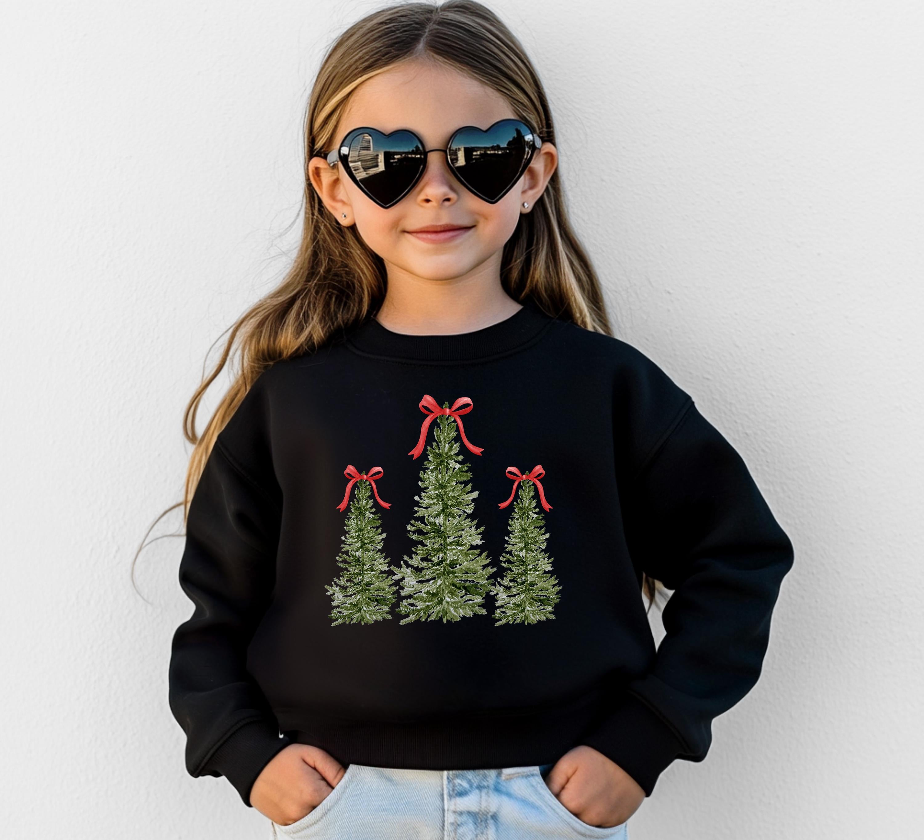 Christmas Tree Red Bow Youth Sweater, Christmas Sweatshirt, Santa Shirt, Kids Holiday Design Retro Christmas Long sleeve Crewneck