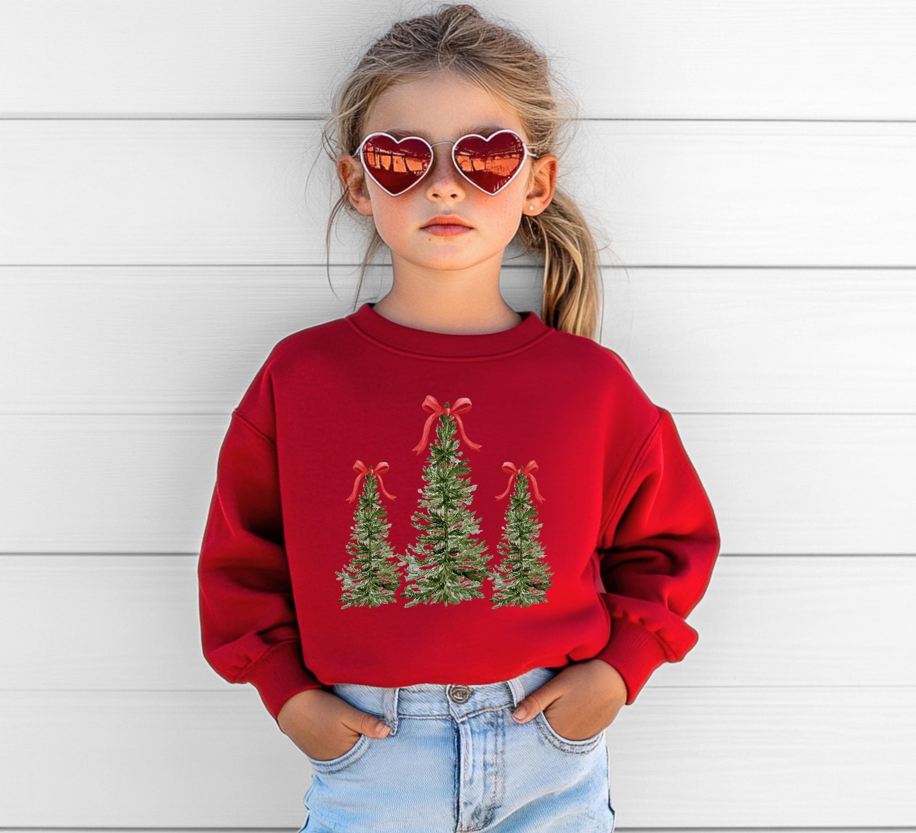 Christmas Tree Red Bow Youth Sweater, Christmas Sweatshirt, Santa Shirt, Kids Holiday Design Retro Christmas Long sleeve Crewneck