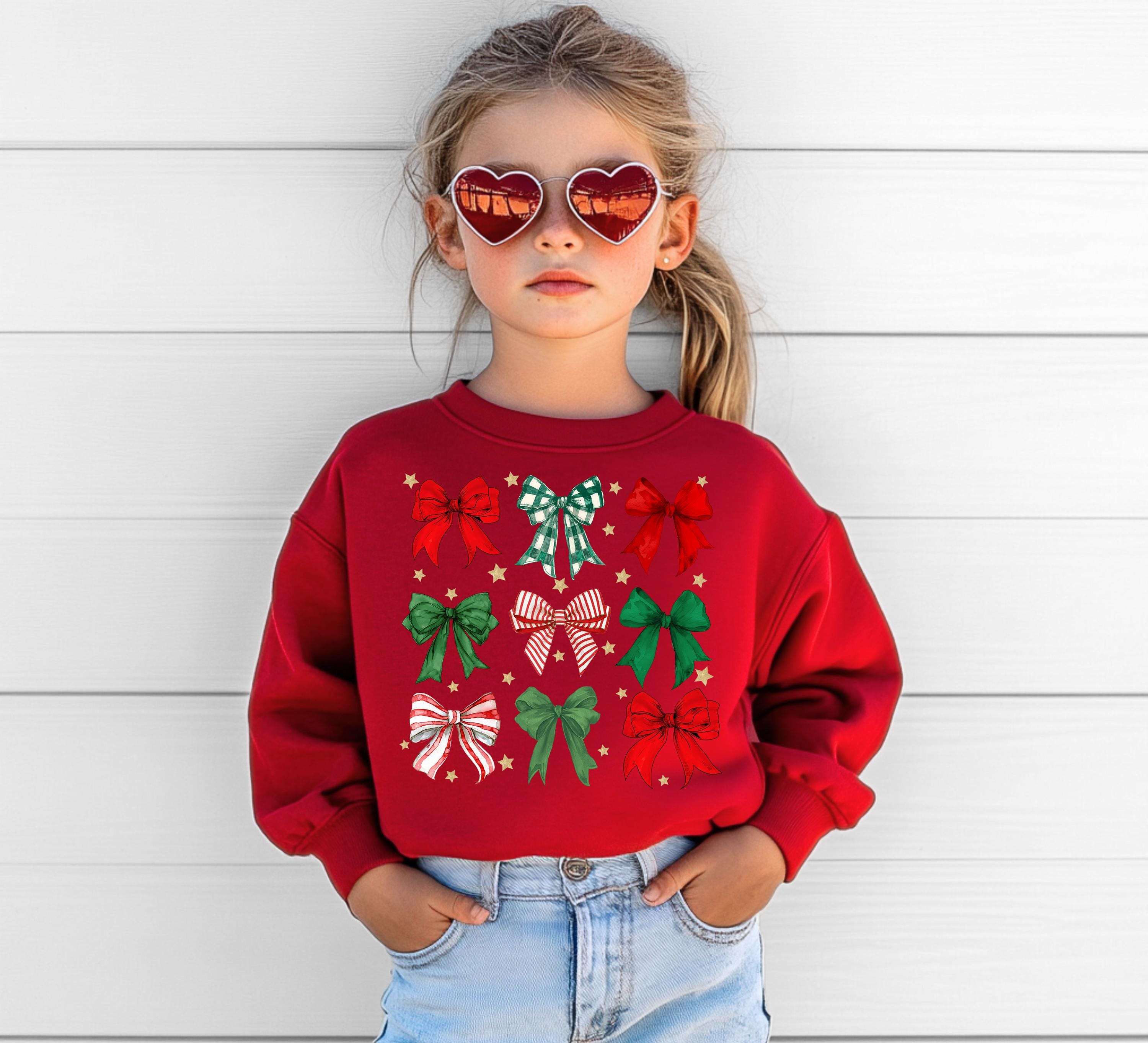 Christmas Bows Youth Sweater, Christmas Sweatshirt, Santa Shirt, Kids Holiday Design, Retro Christmas Long sleeve Crewneck