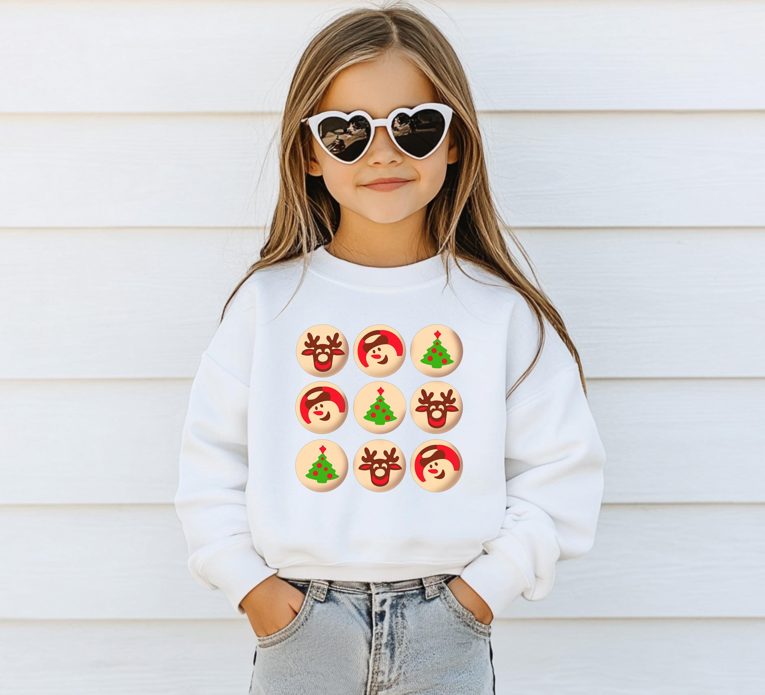 Christmas Cookies Youth Sweater, Christmas Sweatshirt, Santa Shirt, Kids Holiday Design, Retro Christmas Tree Long sleeve Crewneck, Snowman