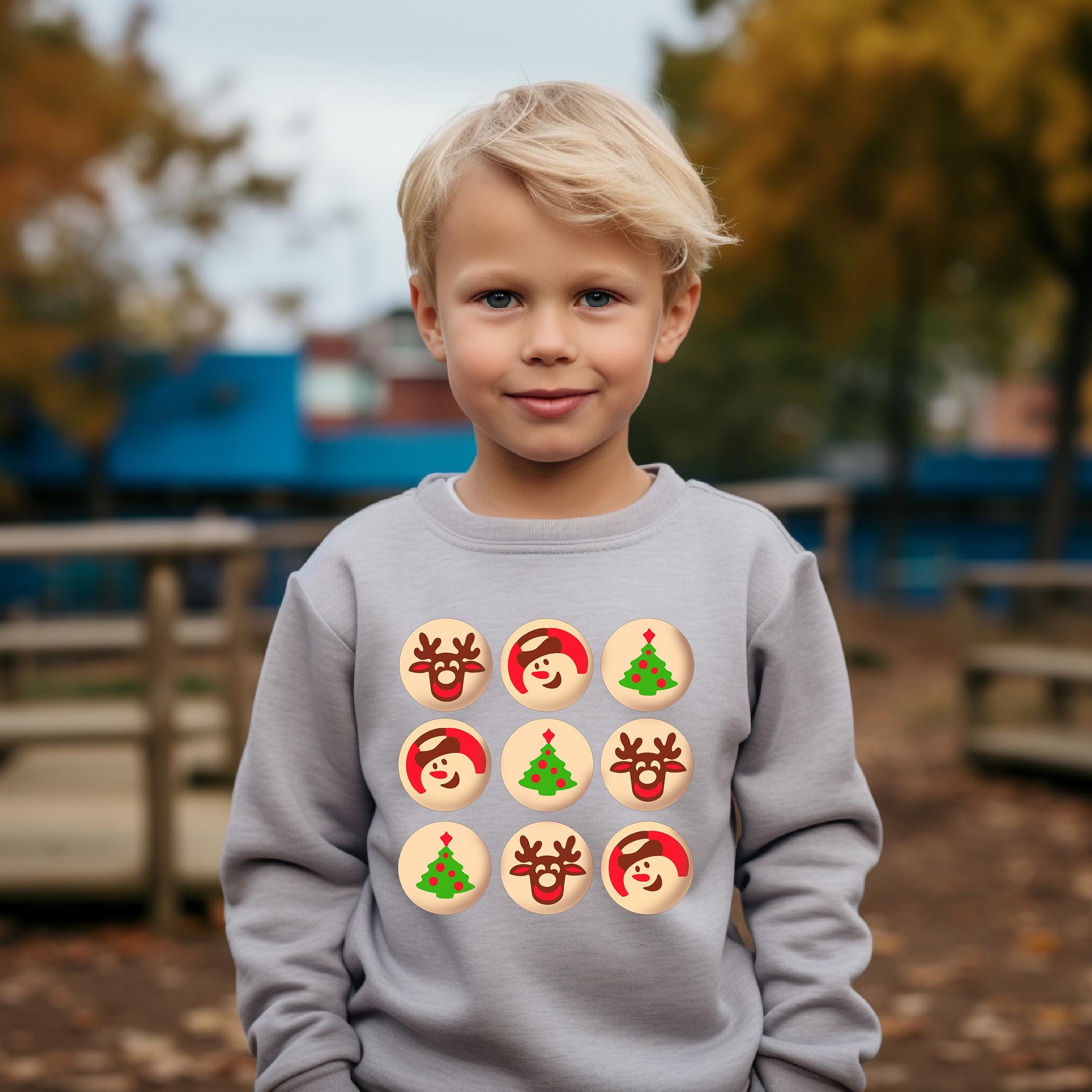 Christmas Cookies Youth Sweater, Christmas Sweatshirt, Santa Shirt, Kids Holiday Design, Retro Christmas Tree Long sleeve Crewneck, Snowman