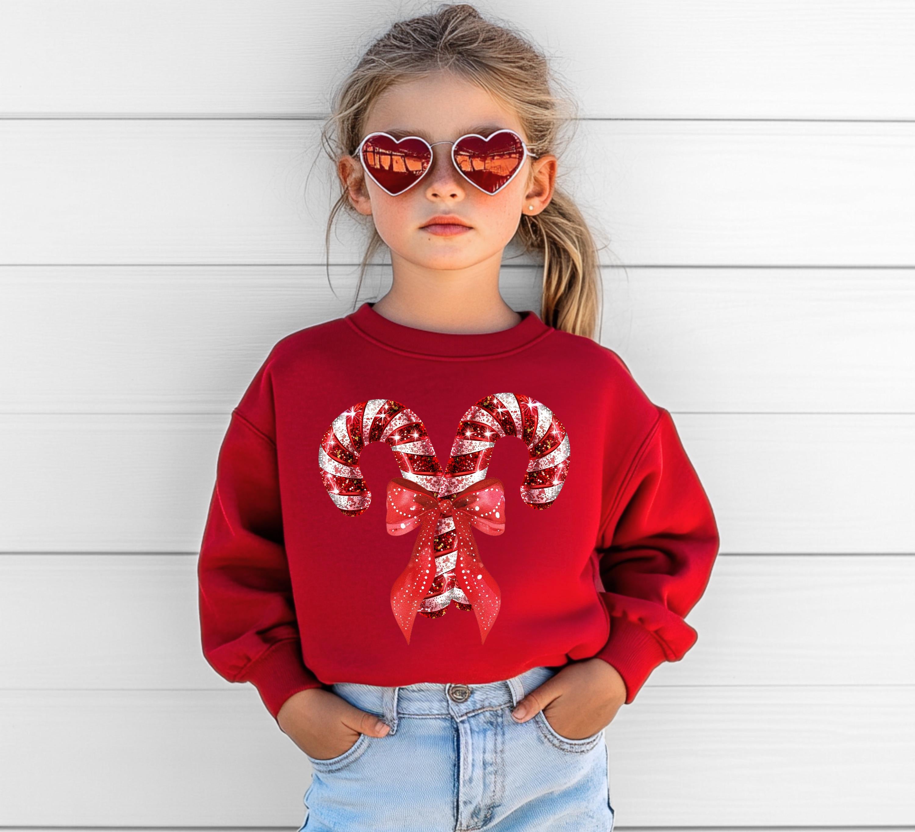 Christmas Candy Cane Bows Youth Sweater, Christmas Sweatshirt, Santa Shirt, Kids Holiday Design, Retro Christmas Long sleeve Crewneck