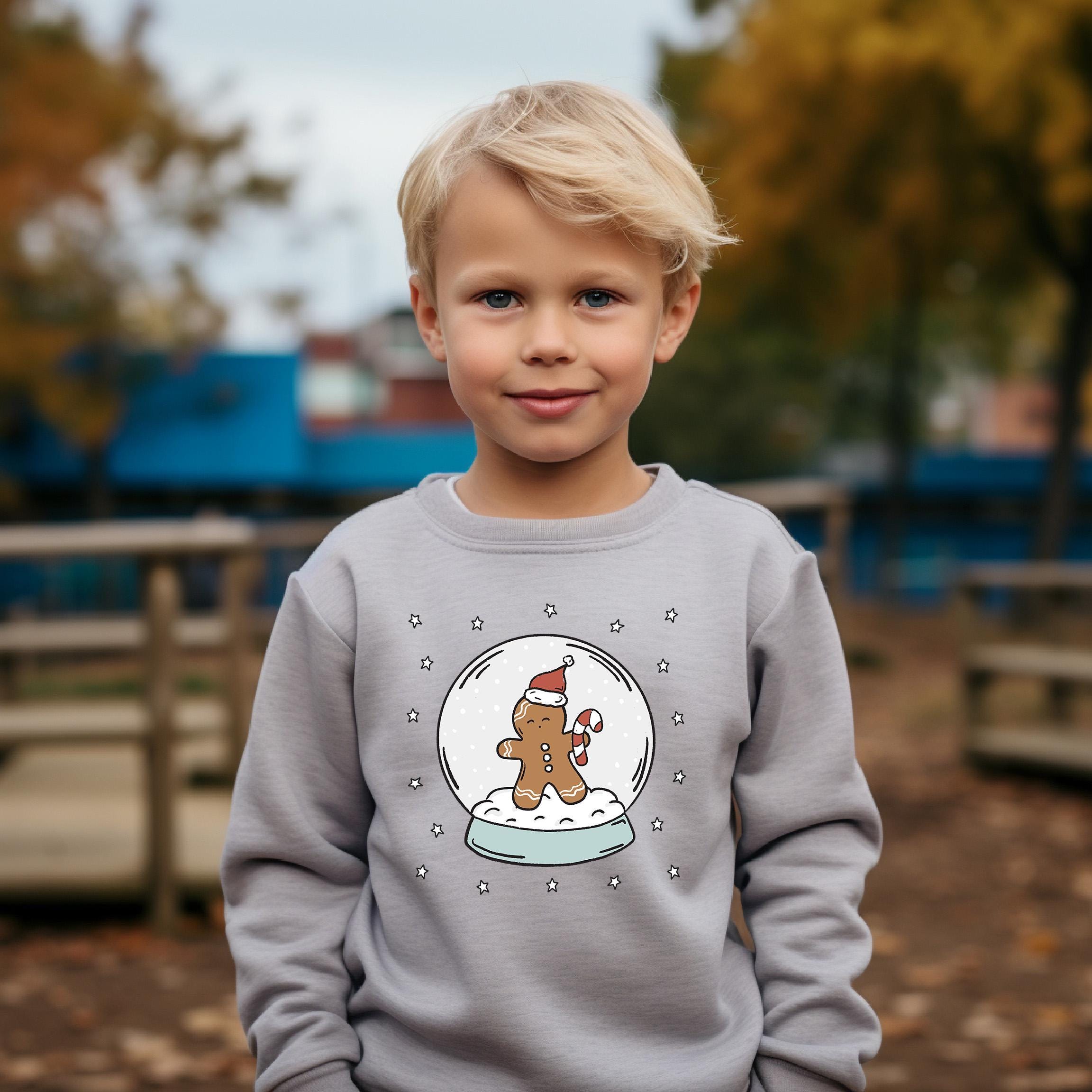 Christmas Snow Globe Youth Sweater, Christmas Sweatshirt, Kids Holiday Design, Retro Christmas Long sleeve Crewneck, Gingerbread Man Shirt