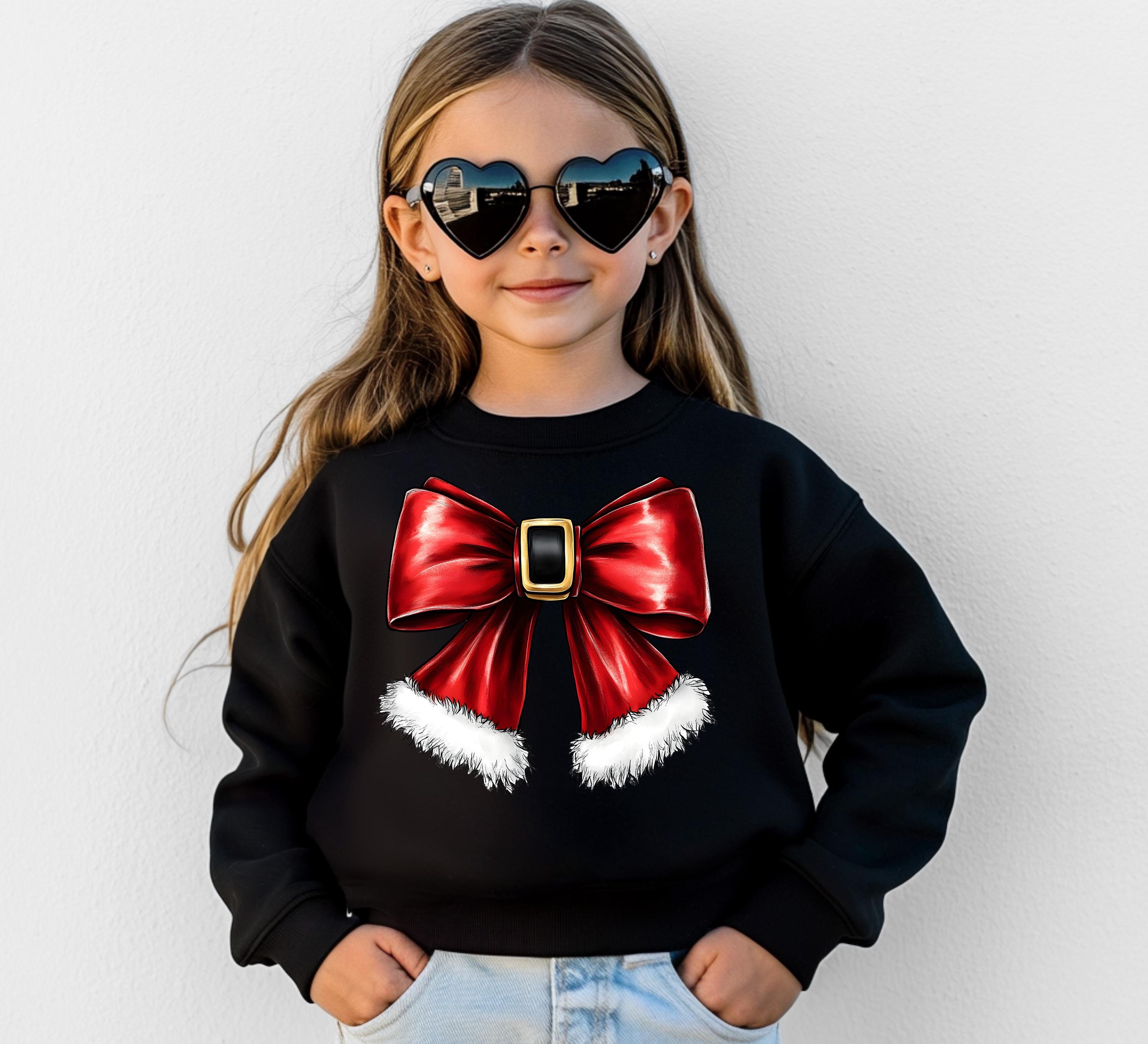 Santa Bow Christmas Youth Sweater, Christmas Cookies Sweatshirt, Kids Holiday Design, Retro Christmas Long sleeve Crewneck