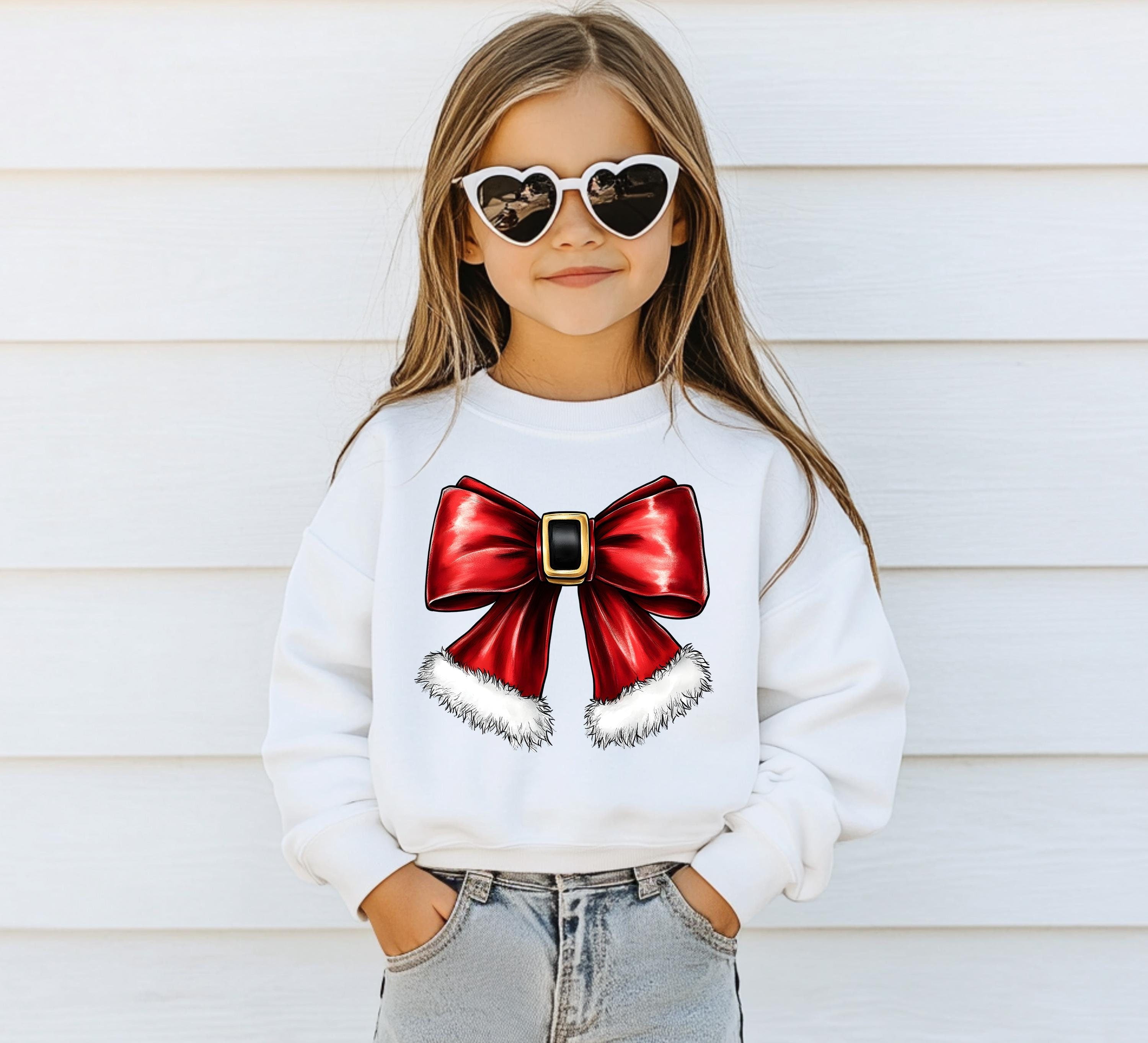 Santa Bow Christmas Youth Sweater, Christmas Cookies Sweatshirt, Kids Holiday Design, Retro Christmas Long sleeve Crewneck