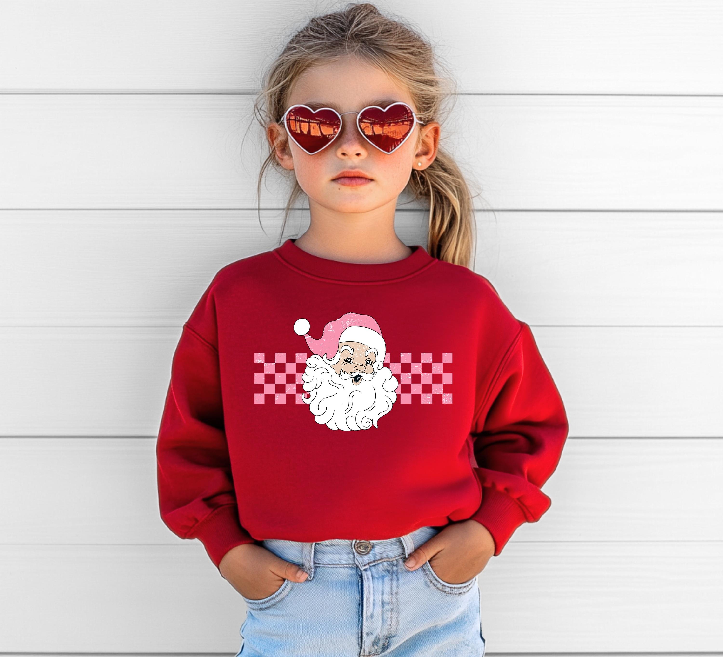 Retro Checkered Santa Christmas Youth Sweater, Christmas Cookies Sweatshirt, Kids Holiday Design, Retro Christmas Long sleeve Crewneck