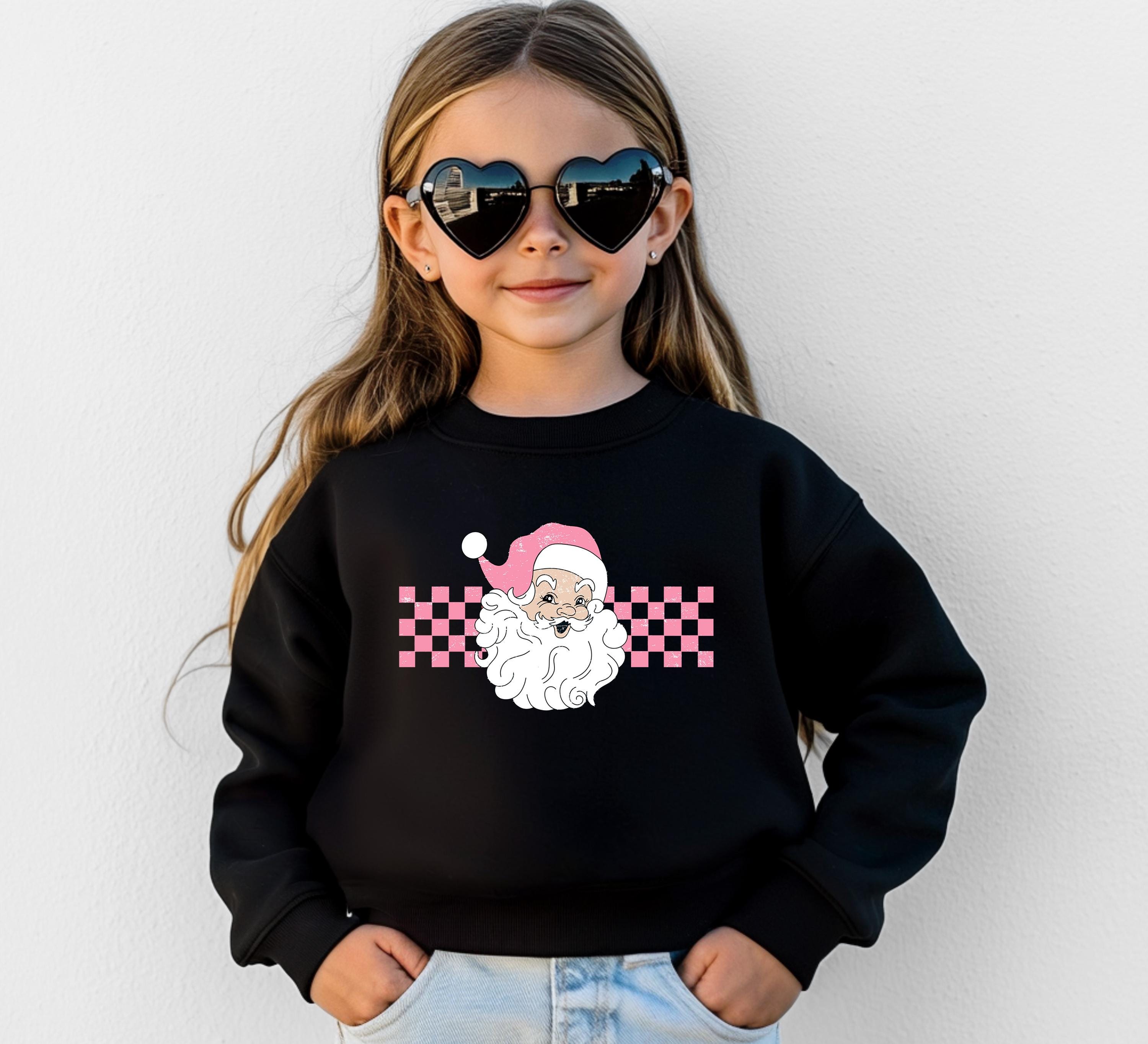 Retro Checkered Santa Christmas Youth Sweater, Christmas Cookies Sweatshirt, Kids Holiday Design, Retro Christmas Long sleeve Crewneck