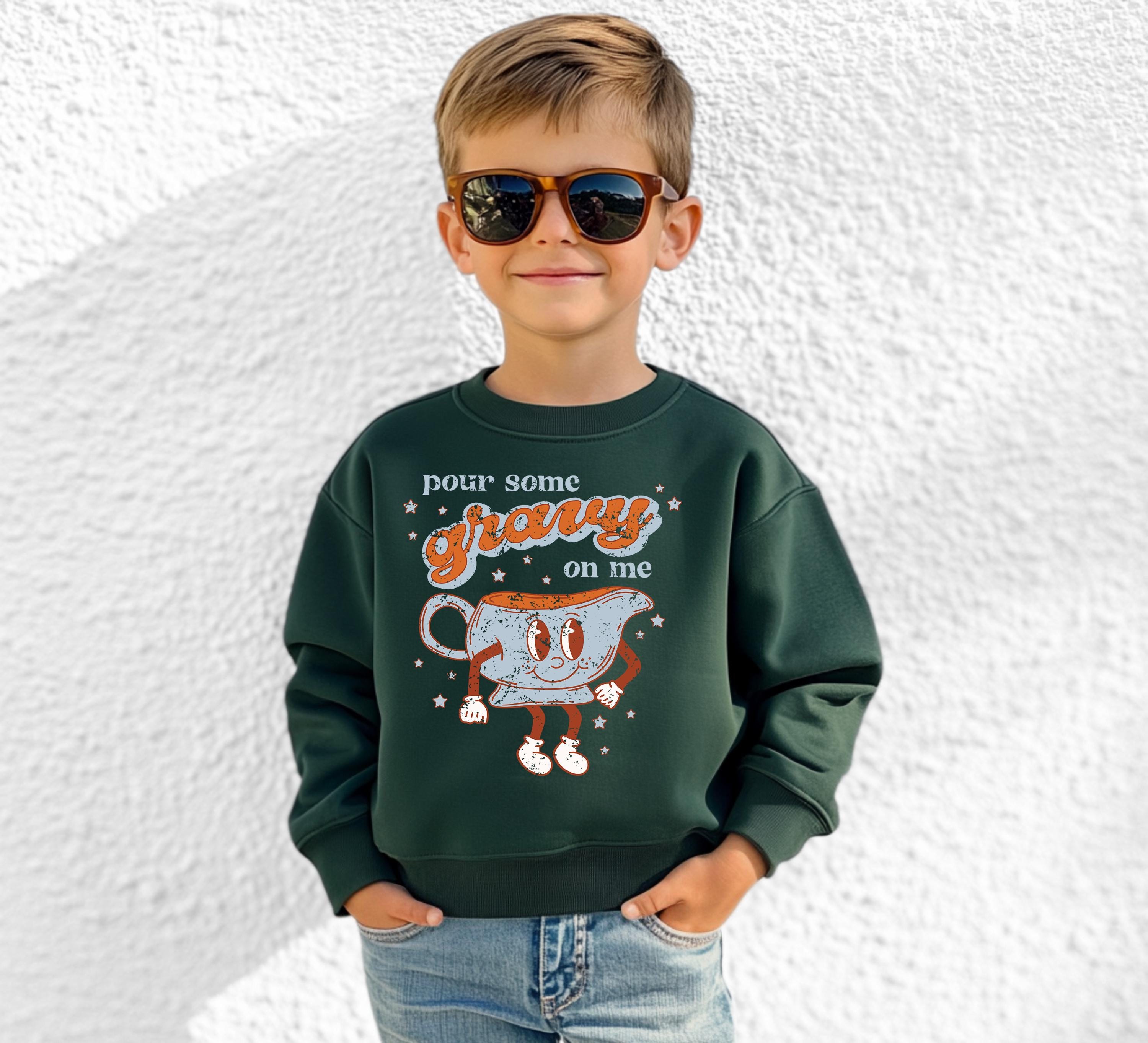 Youth Thanksgiving Sweater, Pour Some Gravy On Me Shirt, Funny Sweatshirt, Kids Holiday Design Retro Fal Long sleeve