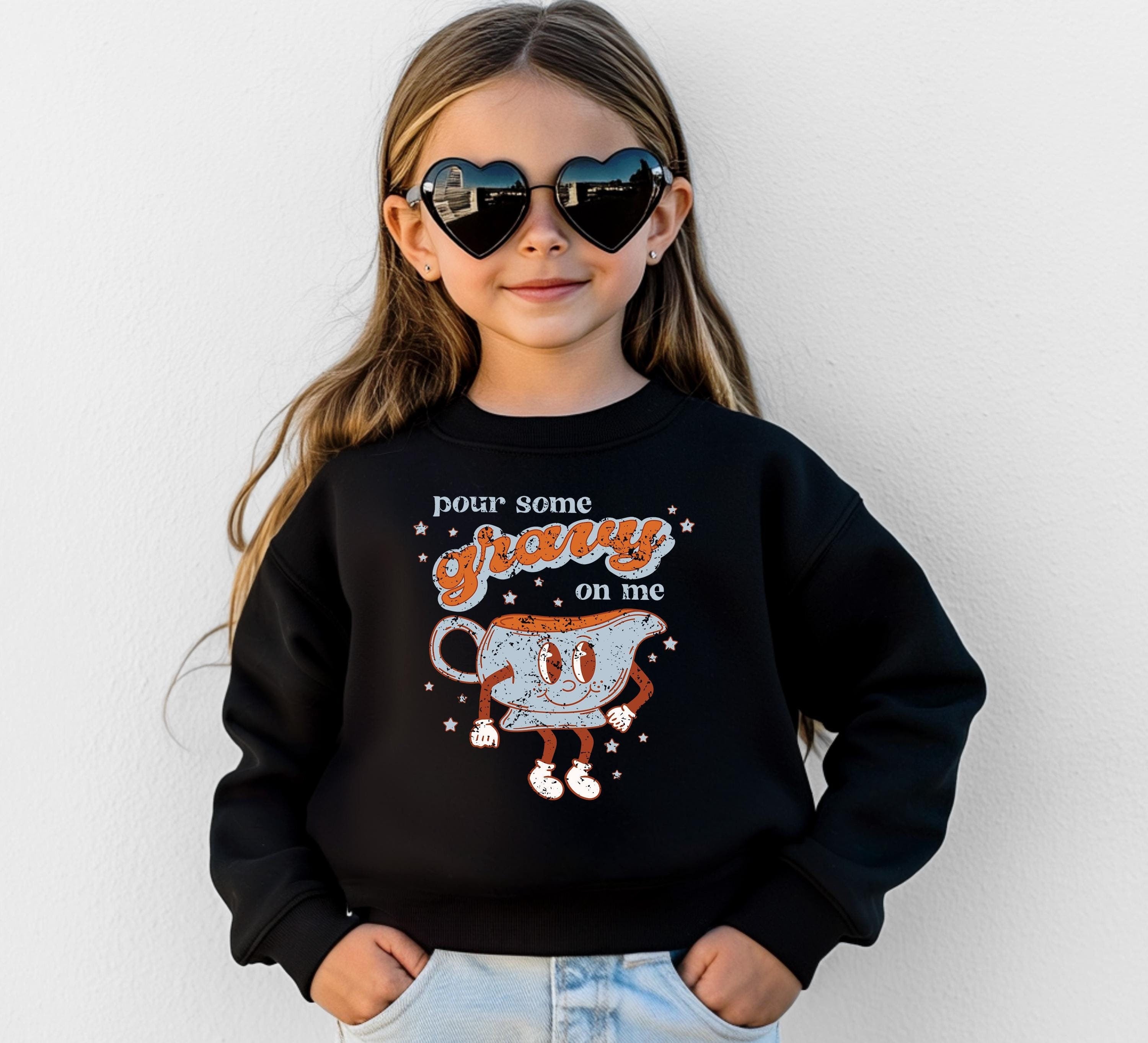 Youth Thanksgiving Sweater, Pour Some Gravy On Me Shirt, Funny Sweatshirt, Kids Holiday Design Retro Fal Long sleeve